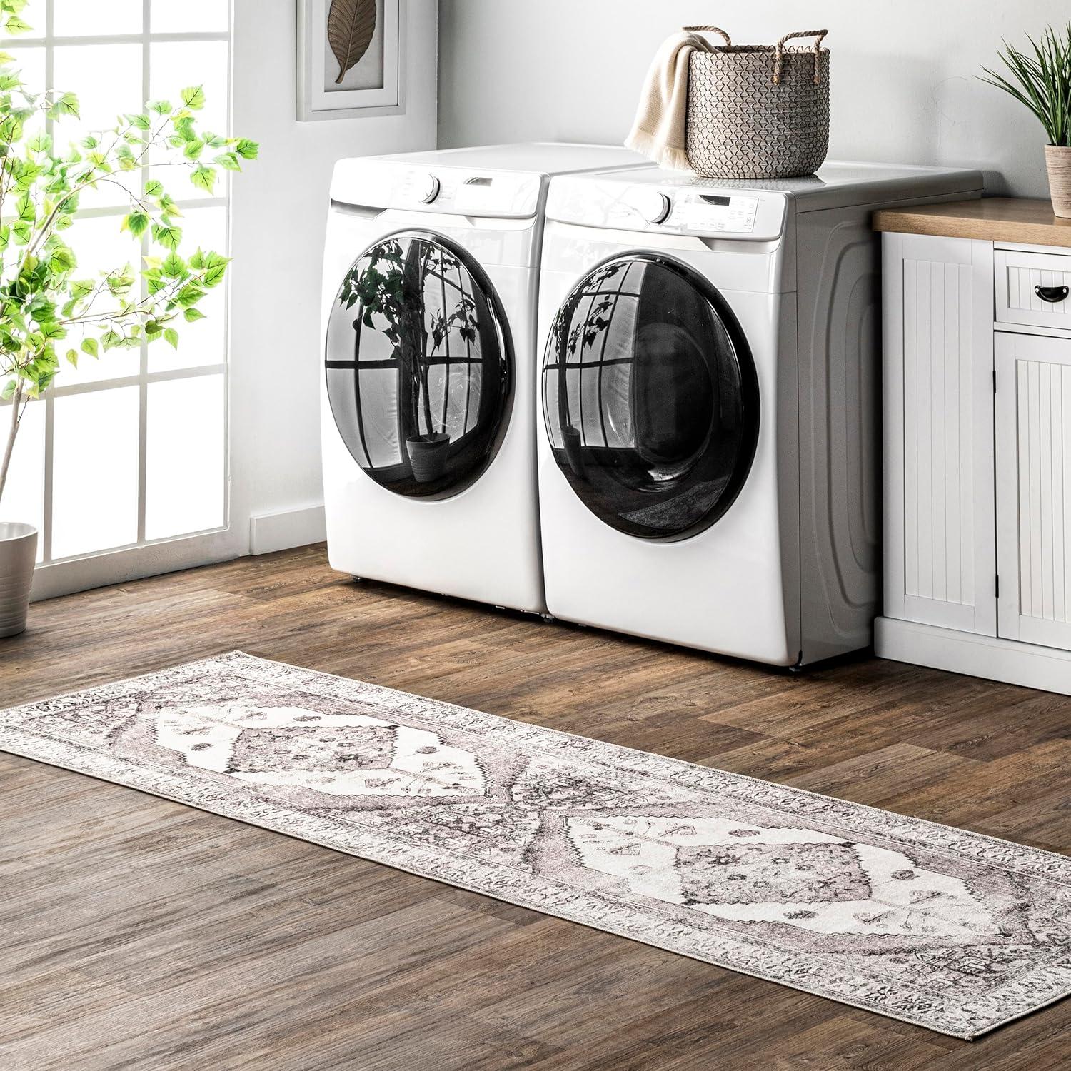 Nuloom Gladys Pet Friendly Machine Washable Vintage Medallion Area Rug, Runner 2' 6" x 8', Light Grey