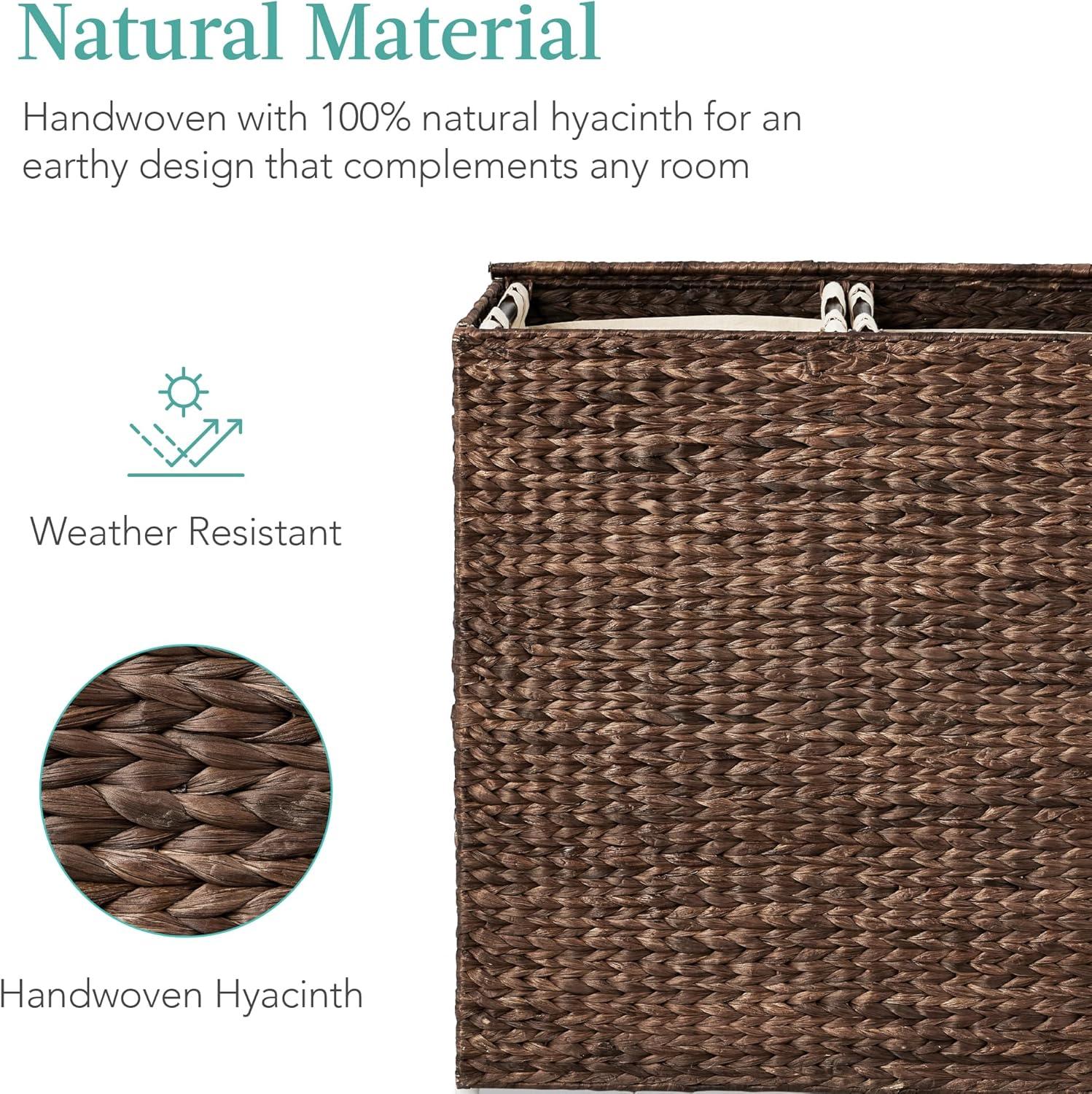Best Choice Products Large Natural Water Hyacinth Double Laundry Hamper Basket w/ 2 Liner Bags, Handles - Espresso