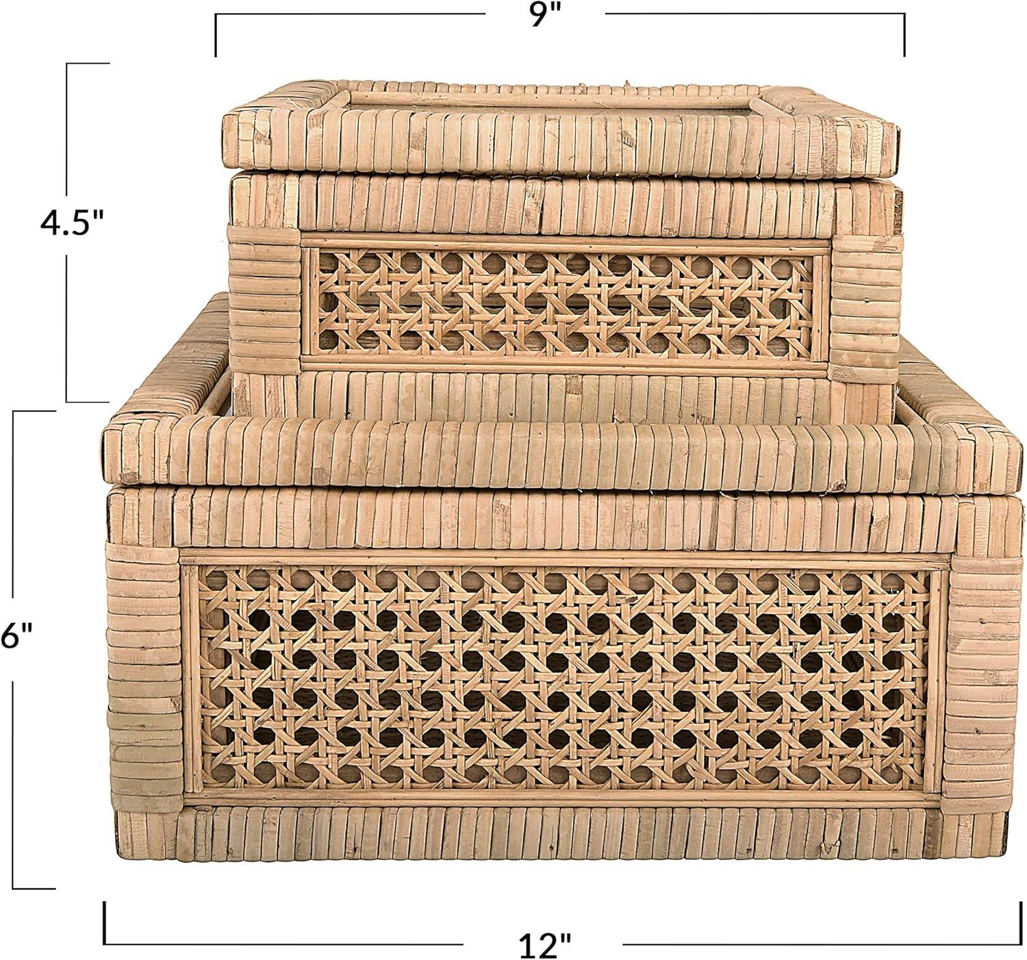 Natural Woven Rattan and Wood Lidded Display Boxes with Glass Lids, Set of 2