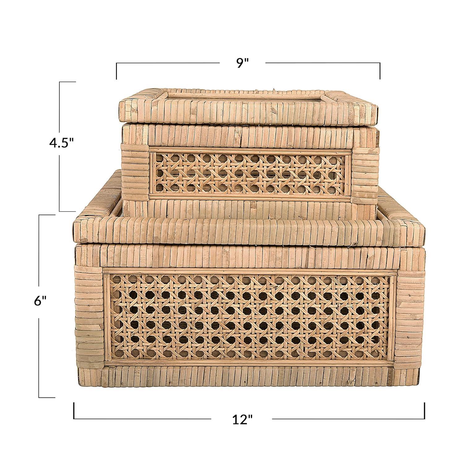 Bayou Breeze Modern Decorative Square Woven Rattan And Wood Display Boxes With Glass Top, Set Of 2 Sizes, Natural Finish | Wayfair