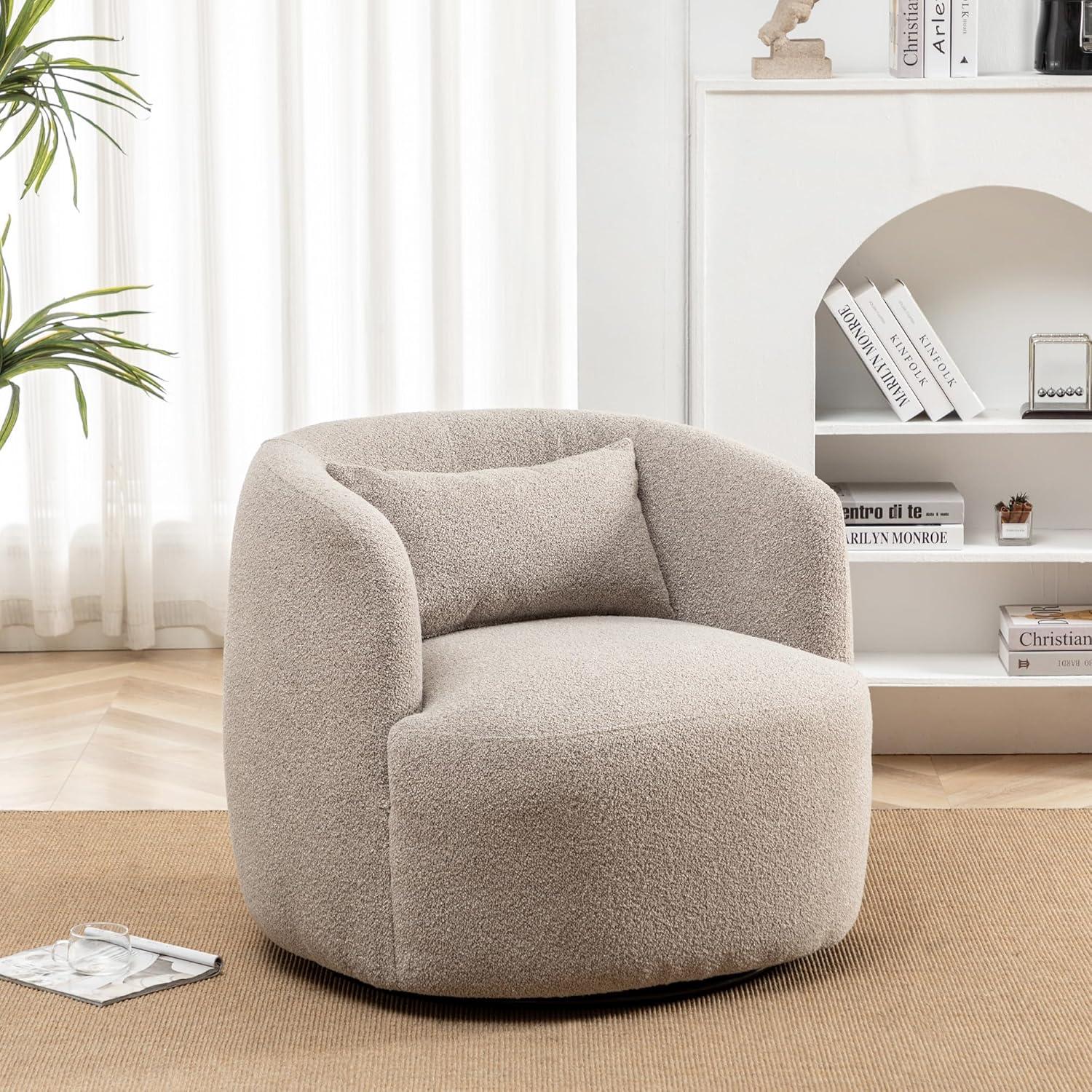 Boucle Upholstered Swivel Armchair Taupe - Kinwell: Pine Frame, 360° Metal Base, 300 lbs Capacity