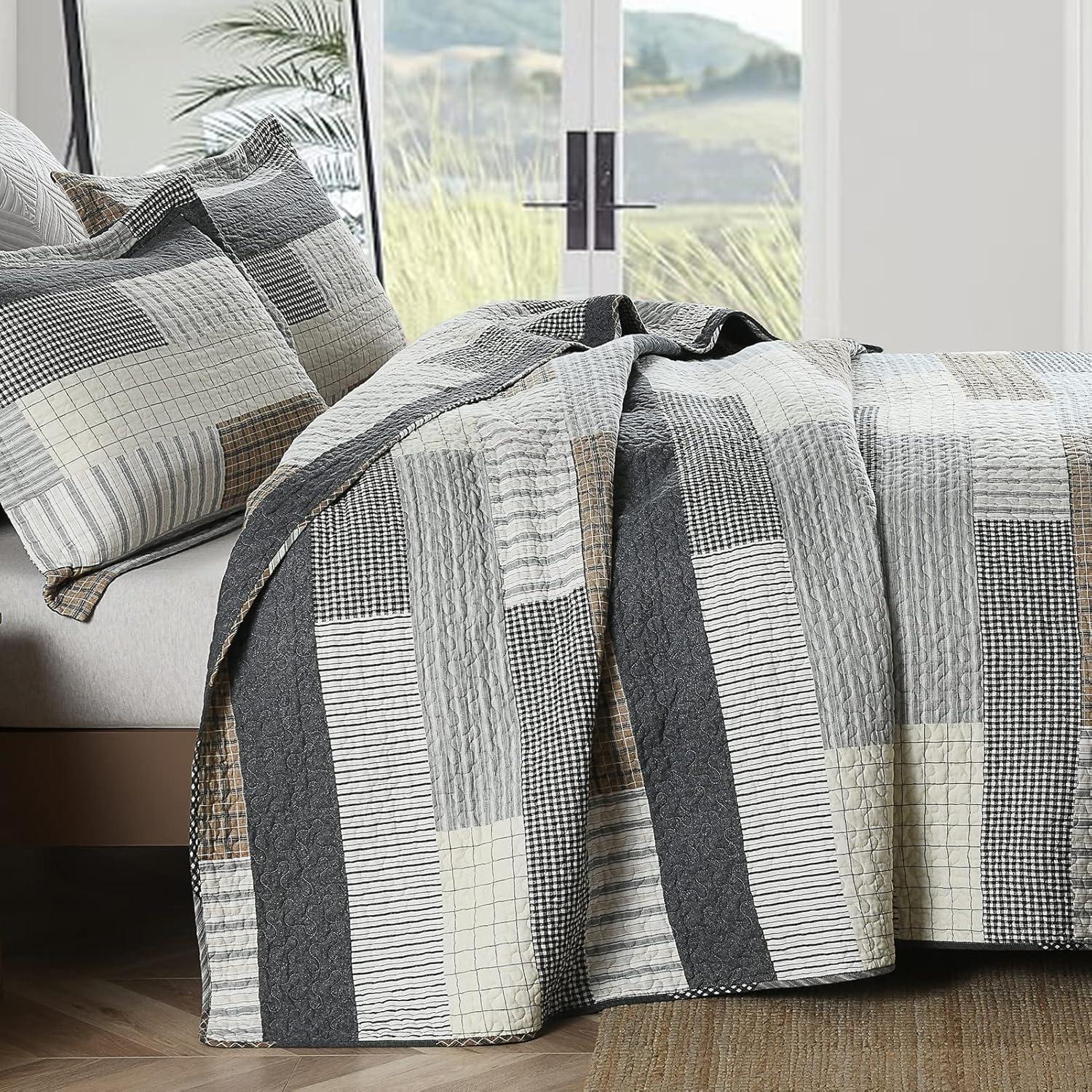 King Size Grey Tan Black Cotton Patchwork Quilt Set