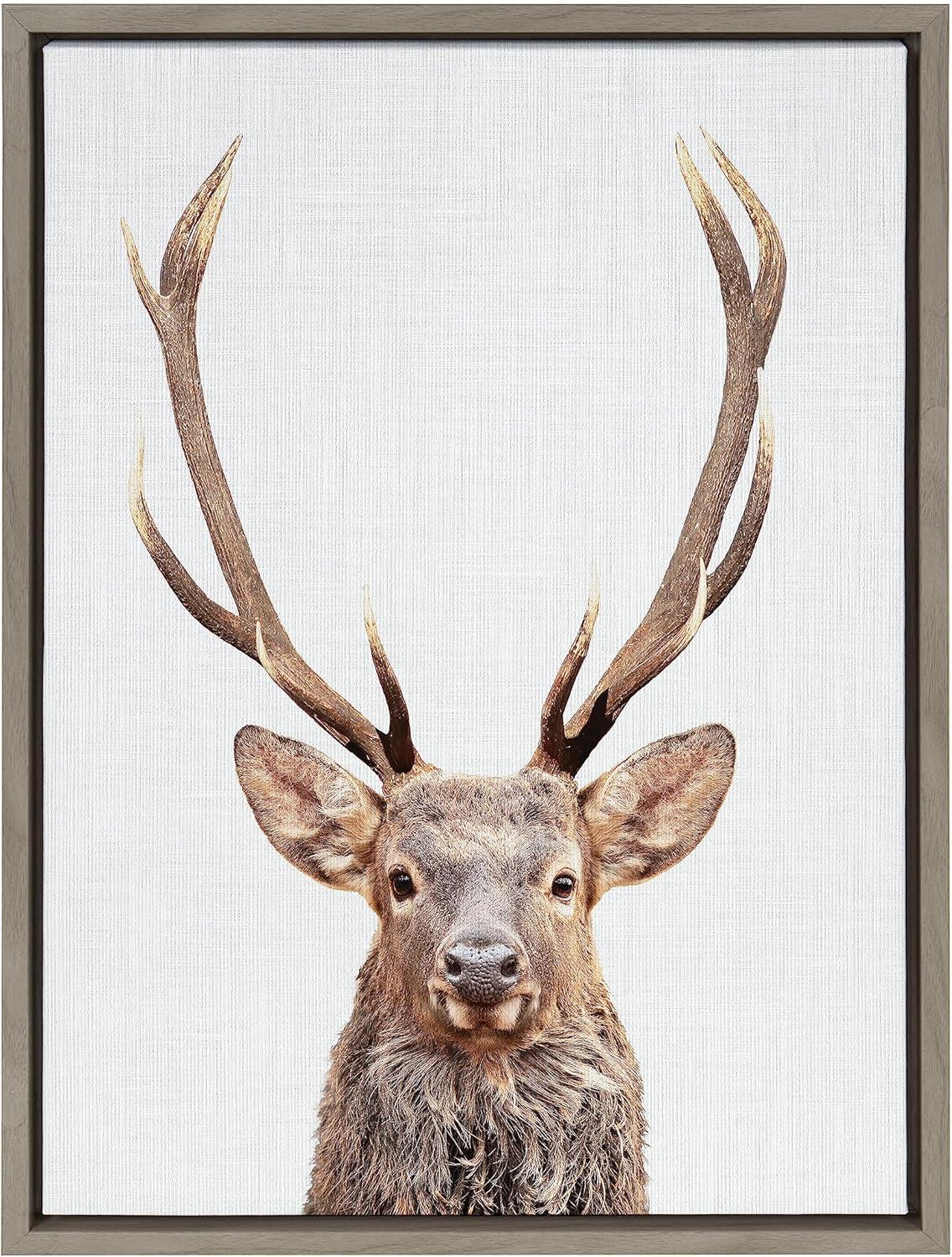 Gray Framed Canvas Wall Art with Deer Portrait, 18x24