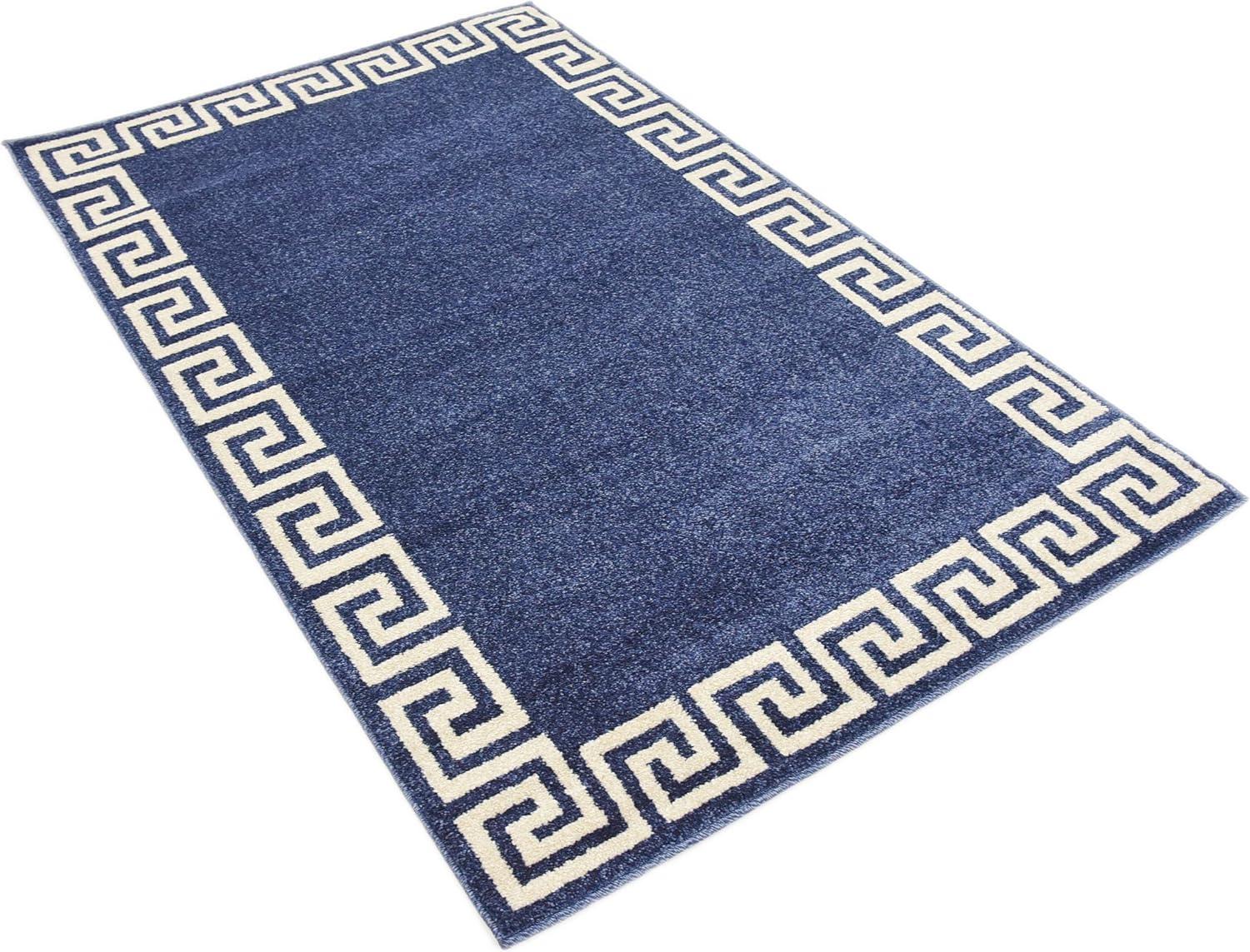 Navy Blue Geometric Border Rectangular Synthetic Rug