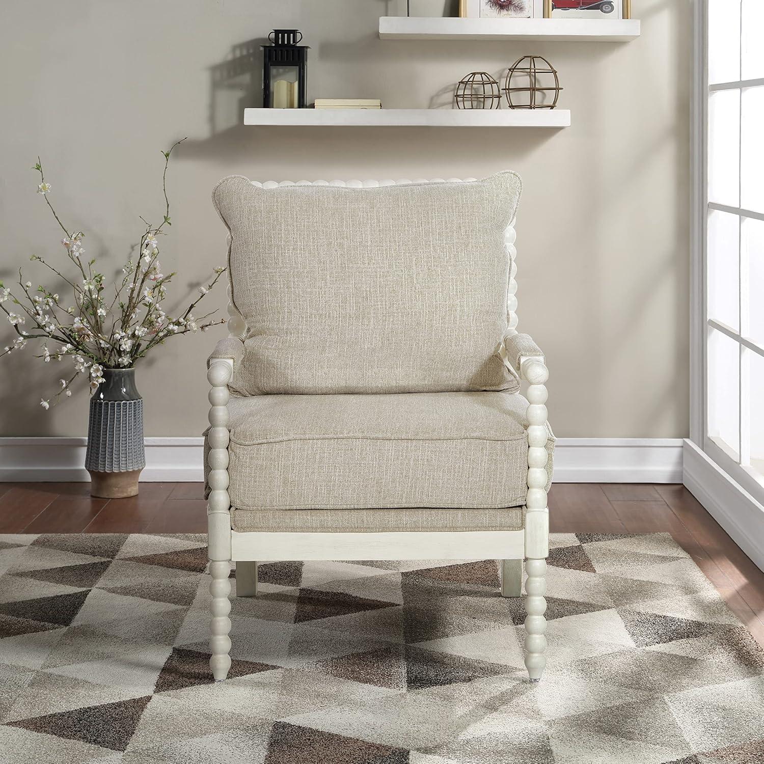 Kaylee Spindle Chair in Linen  White Fabric with Antique White Frame