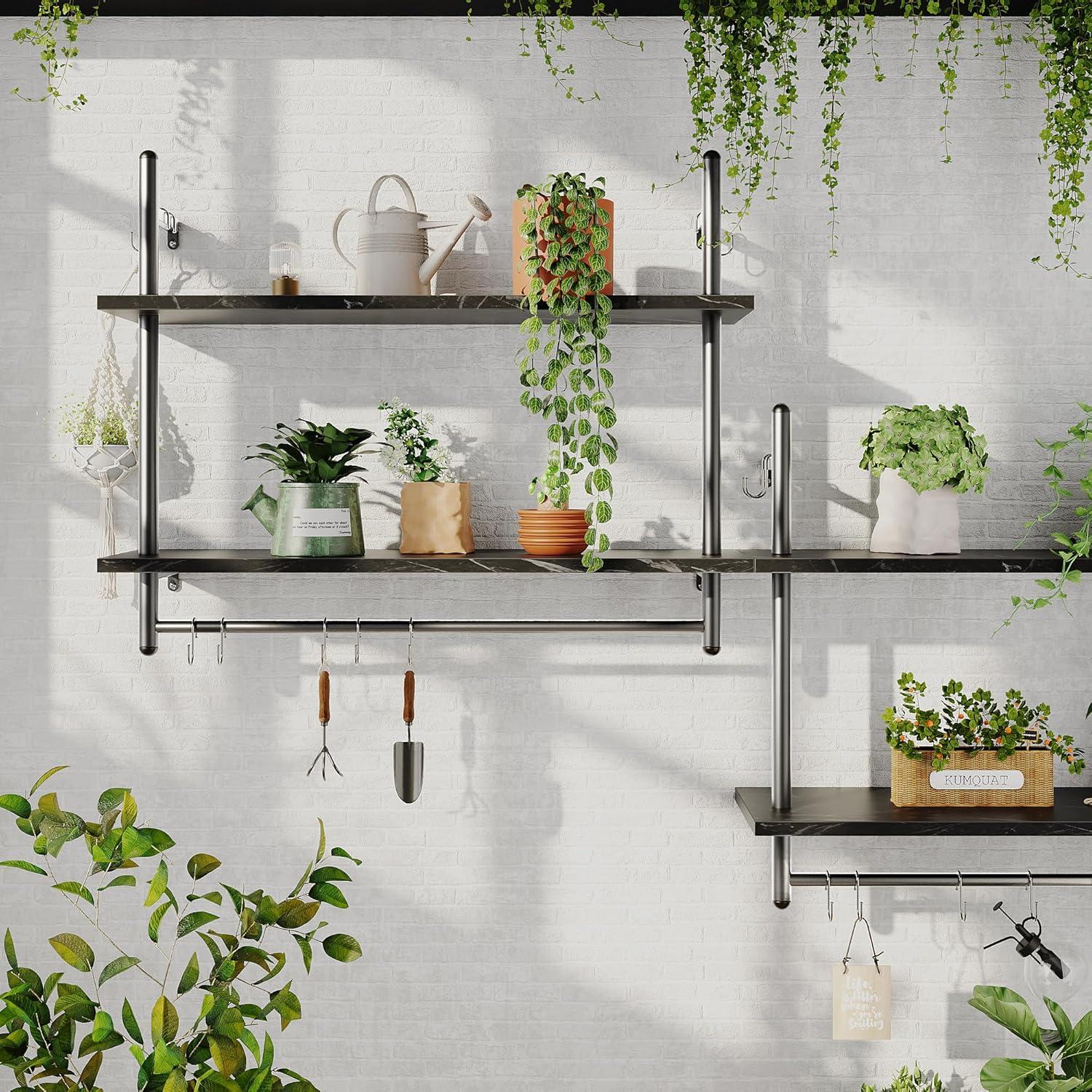 Bestier Industrial Pipe Shelf Bathroom Shelves with Towel Bar, 31 inch Floating Shelves 2 Tier for Wall Storage, Kitchen Wood Wall Mounted Shelf Display Rack for Living Room Bedroom, Black Marble