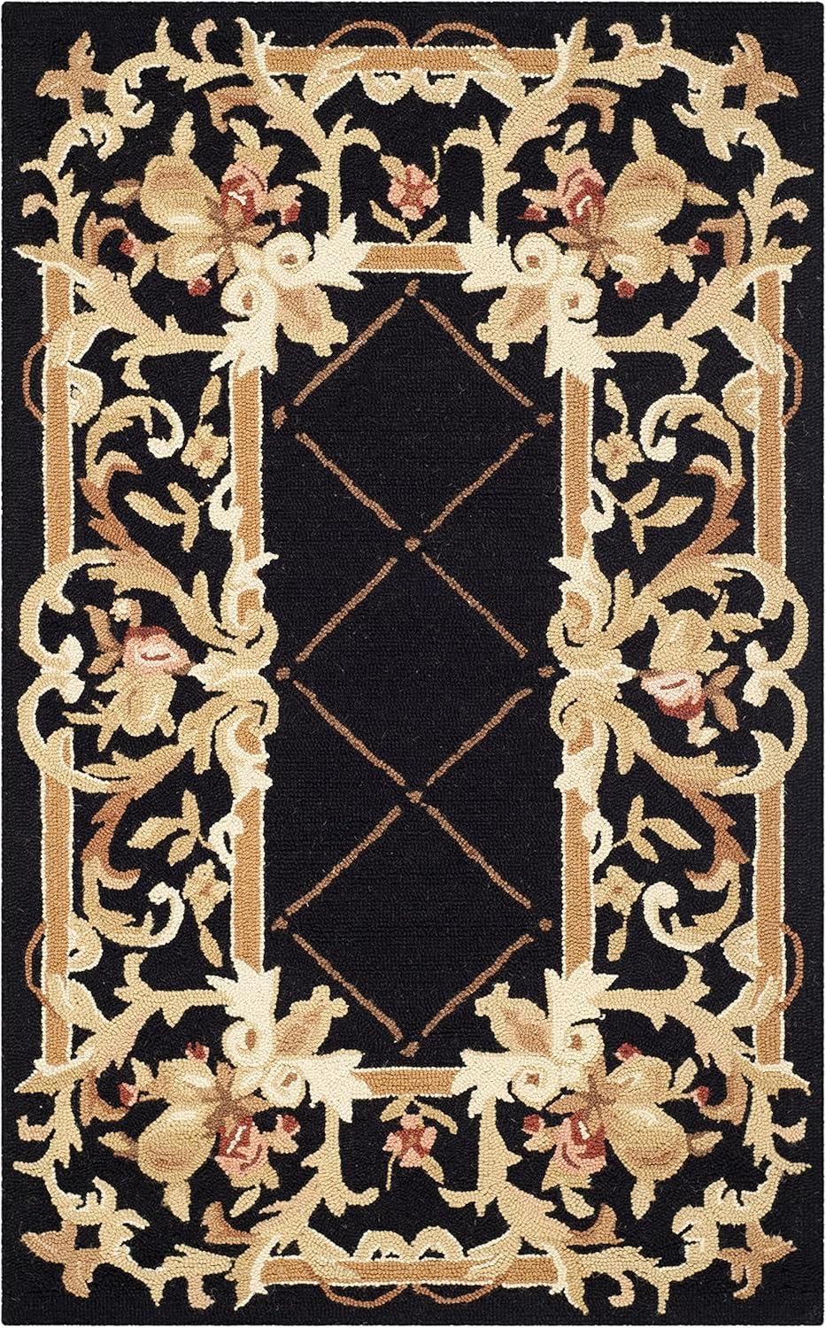 Black Floral Hand-Hooked Wool Runner Rug