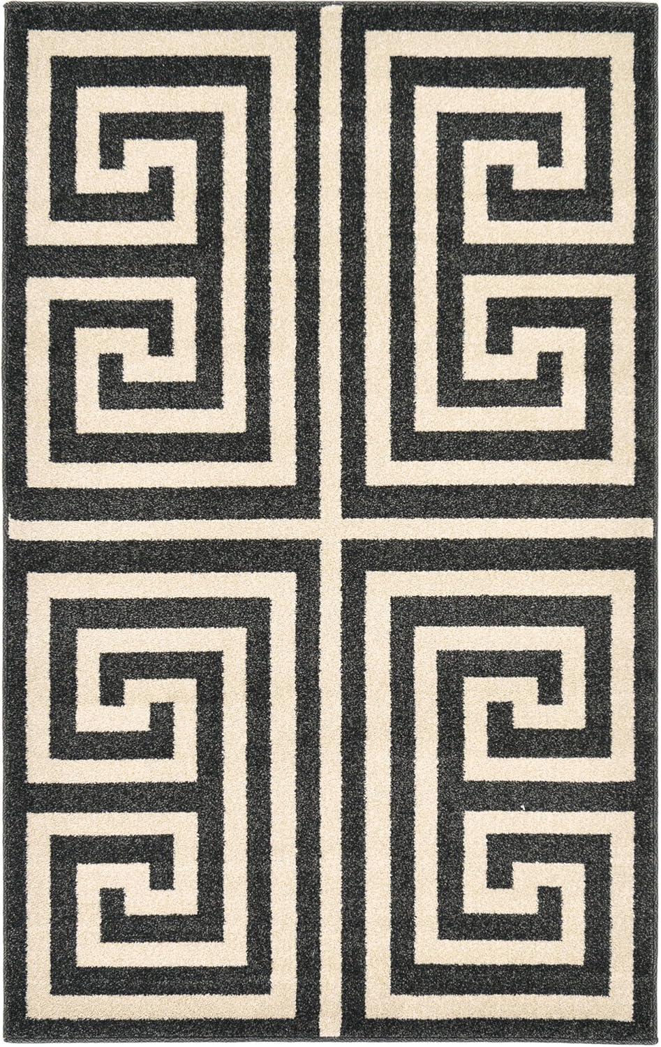 Black and Beige Geometric Rectangular Synthetic Area Rug