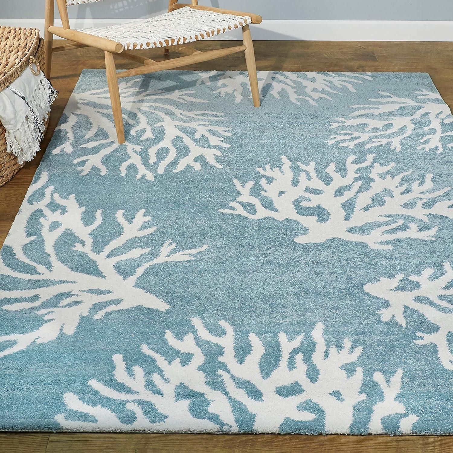 Light Blue Coastal Coral Print Synthetic Rug - 5' x 7'