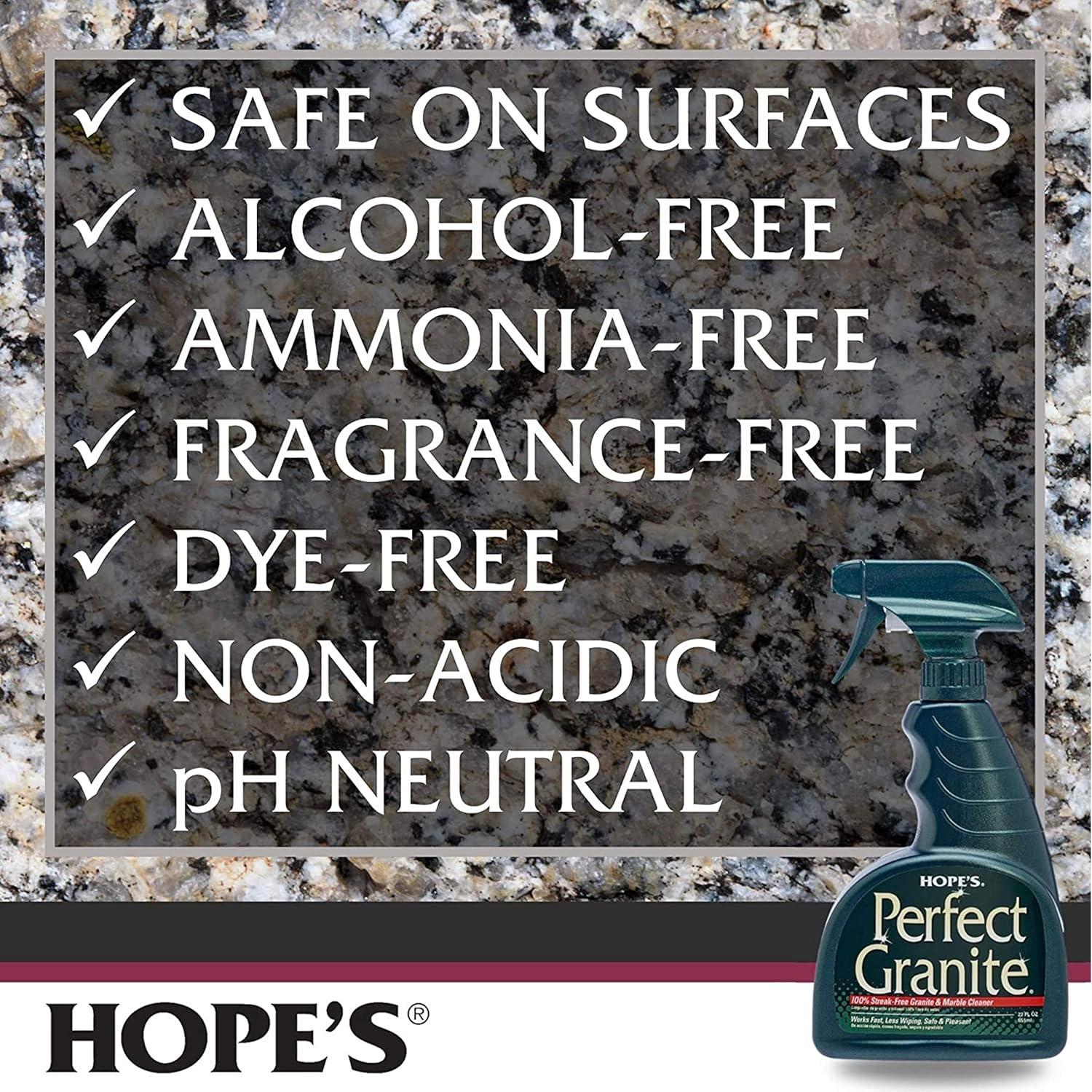 HOPE'S Perfect Granite & Marble Countertop Cleaner with Microfiber Cloth, Stain Remover and Polish, Streak-Free, Ammonia-Free, 22 Ounce, Pack of 1 with Microfiber Cloth