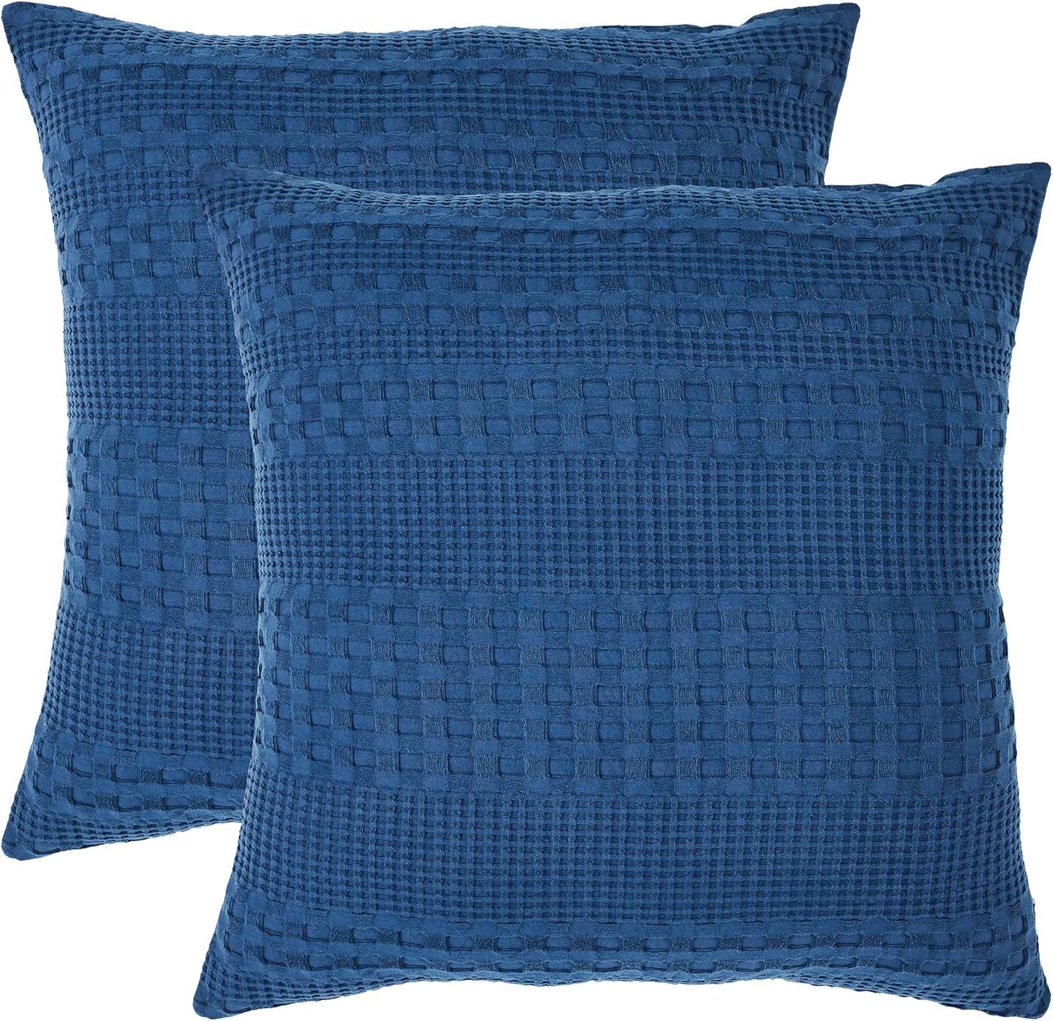 VHC Brands Waffle Weave Navy Blue Pillow Cover Set of 2 24x24, Decorative Throw Pillow Covers/Shams, Boho Farmhouse Bedroom, Living Room Decor