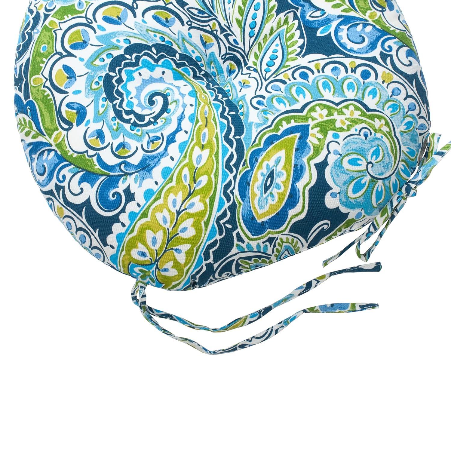 Magpie Fabrics Outdoor Round Bistro Seat Cushions with Ties, 15"x15"x4" Set of 2, Tufted Waterproof Barstool Chair Pads for Patio Home Garden Office, Paisley Lapis Green