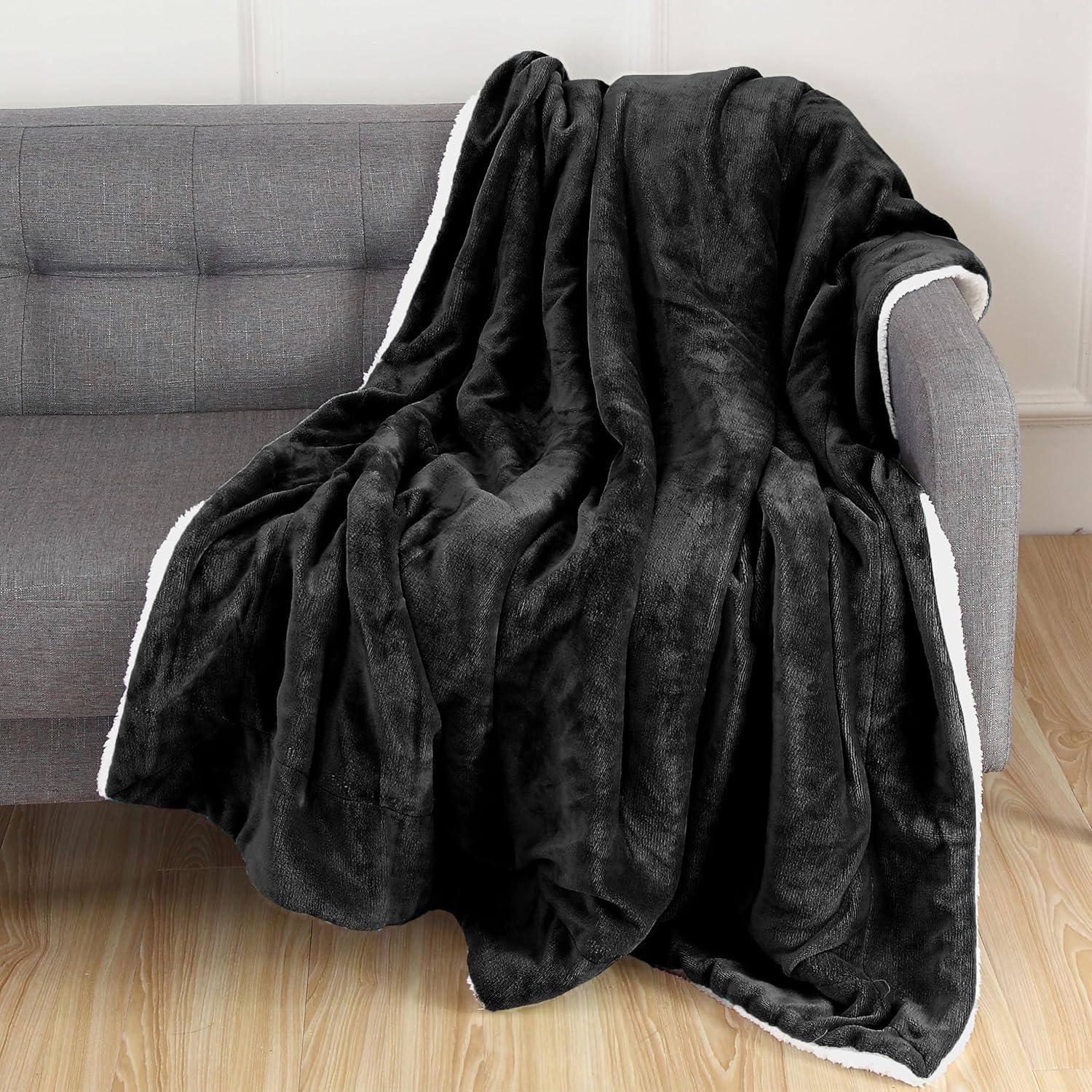 Elegant Comfort Throw Blanket, Reversible Sherpa Flannel, Ultra-Soft, Fuzzy, Cozy and Plush- All Season Lightweight Decorative Throw, 50 x 60 inches, Solid Sherpa Throw, Black