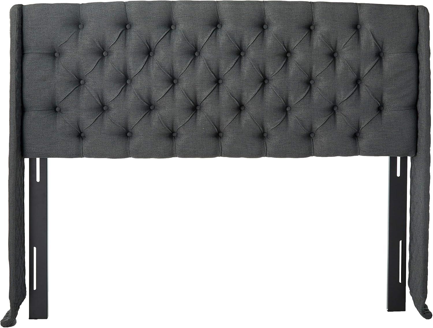 Lidia Contemporary Queen Tufted Wingback Fabric Headboard, Dark Gray and Black