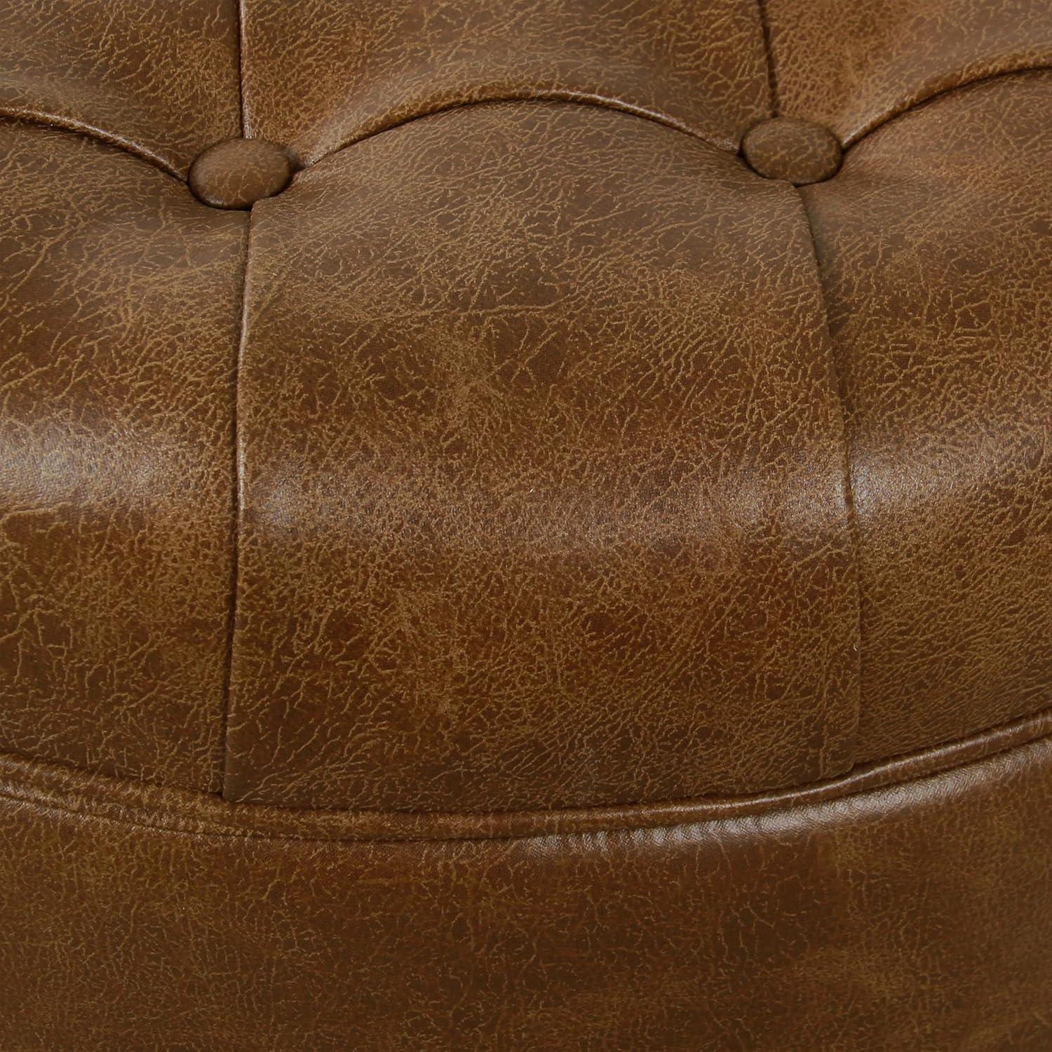 Large Tufted Round Storage Ottoman Faux Leather Distressed Brown - HomePop