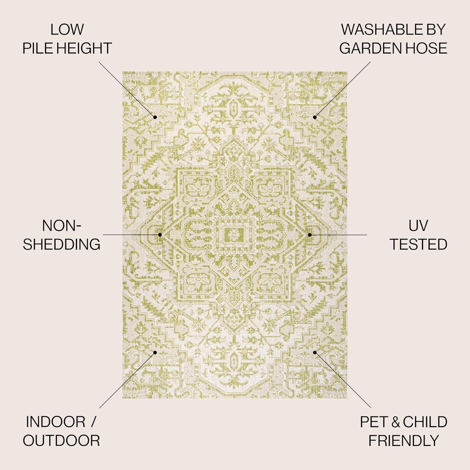 9' x 12' Estrella Bohemian Styled Medallion Textured Weave Indoor/Outdoor Area Rug, Cream/Green - JONATHAN Y
