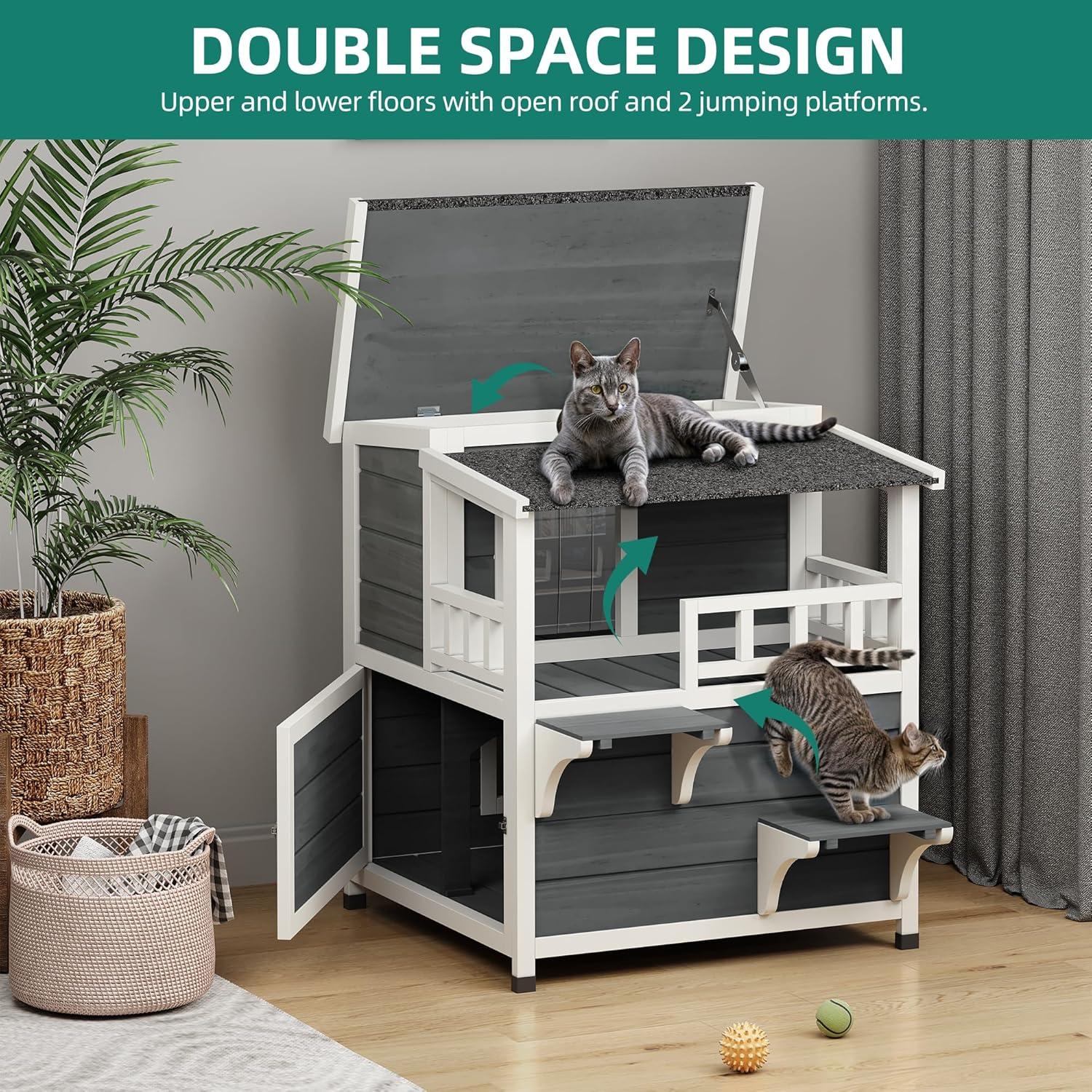 Archie & Oscar™ Outdoor Cat House 2-story Wooden Feral Cat Shelter with Balcony & Roof