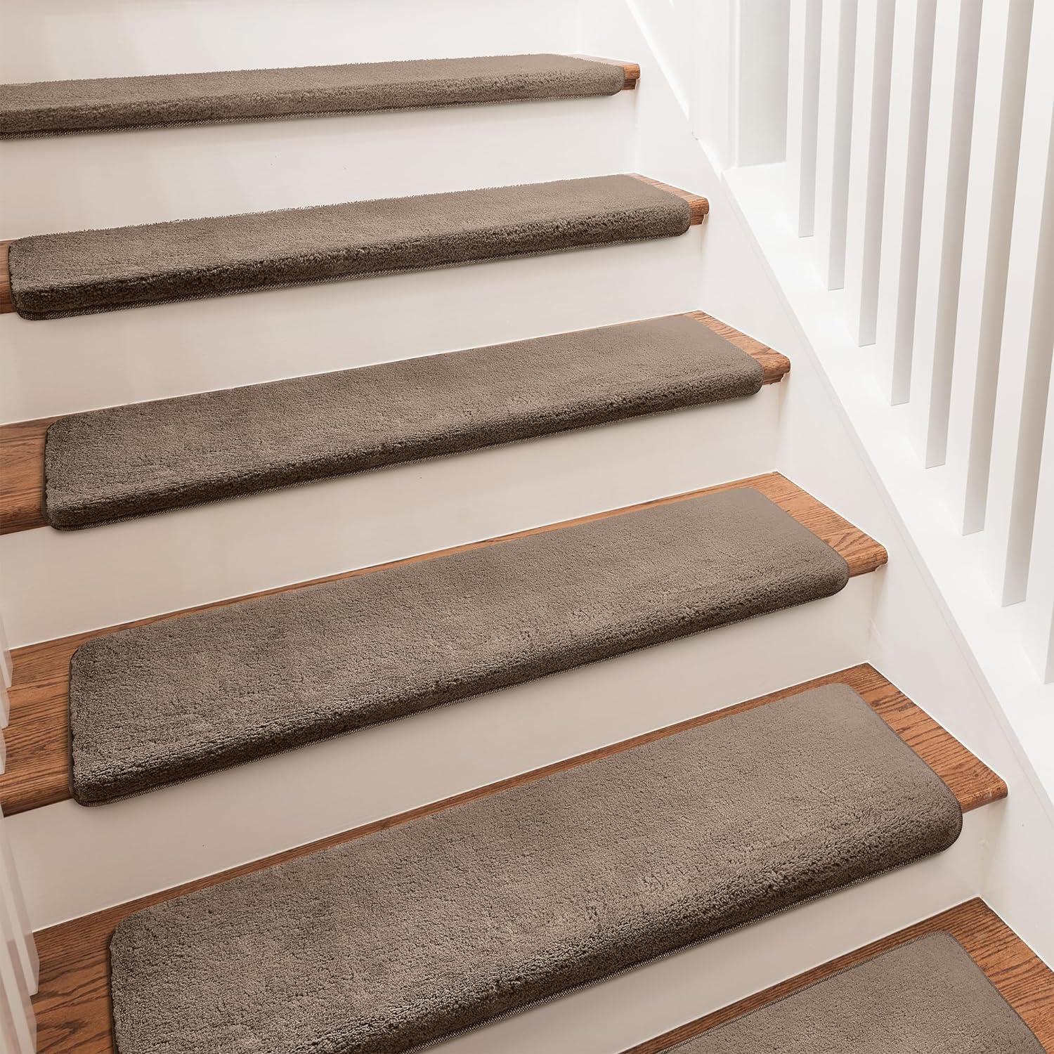 Soft Plush Brown 9.5 in. x 30 in. x 1.2 in. Bullnose Indoor Stair Tread Cover Tape Free Non-slip Carpet Set of 14