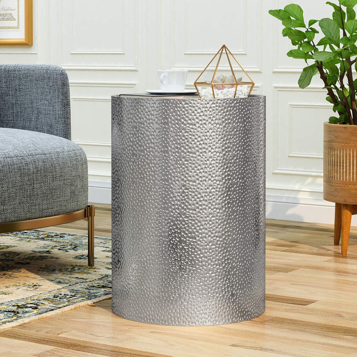 Braeburn Modern Round Accent Table Silver - Christopher Knight Home: Hammered Iron, Cylindrical, No Assembly Required
