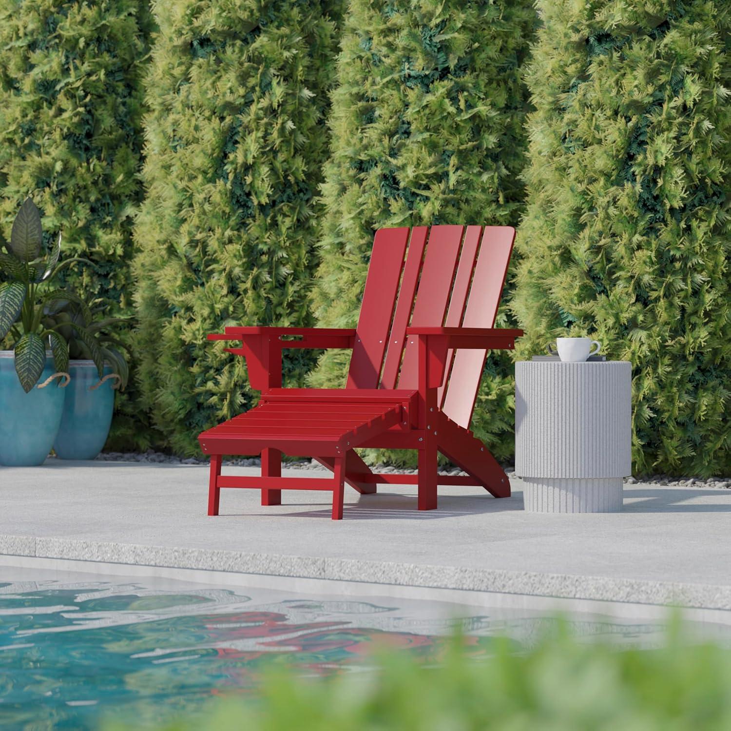 Flash Furniture Halifax HDPE Adirondack Chair with Cup Holder and Pull Out Ottoman, All-Weather HDPE Indoor/Outdoor Lounge Chair in Red