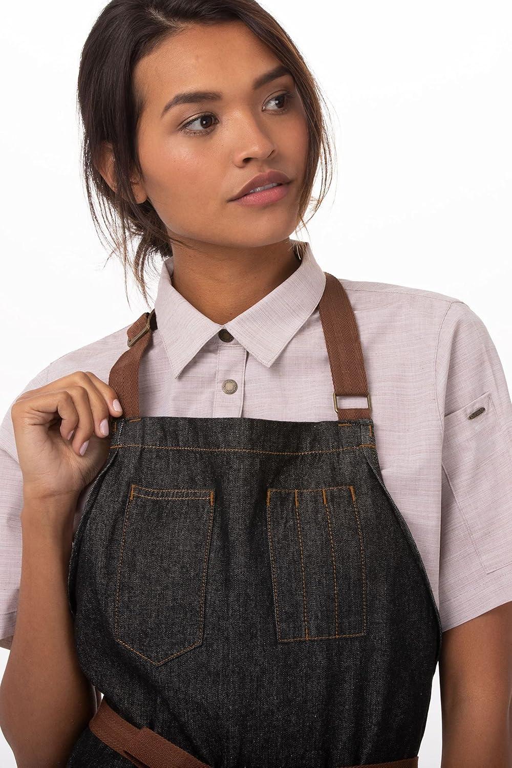 Black Denim Bib Apron with Brown Ties and Pockets