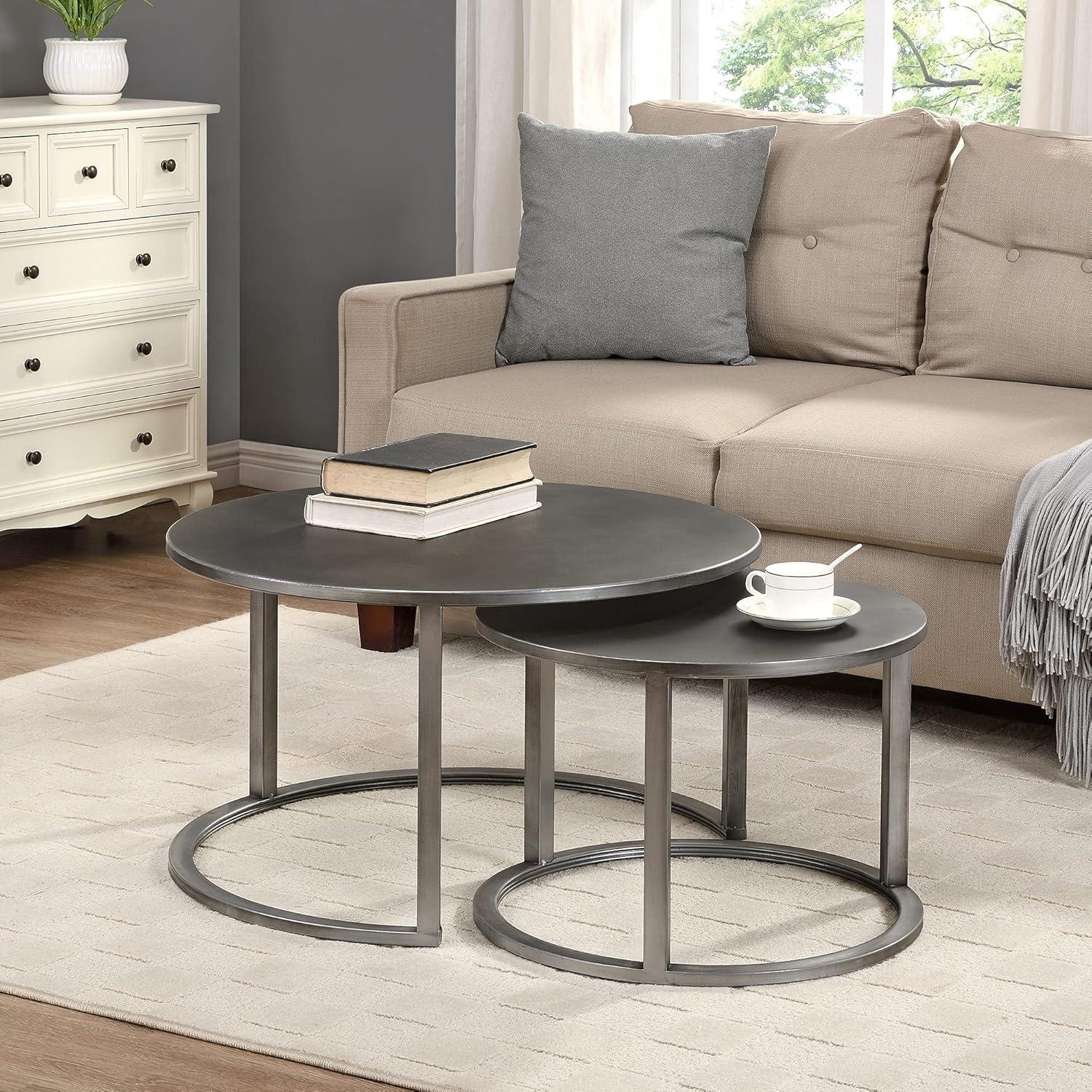 Aged Silver Round Metal Nesting Coffee Table 2-Piece Set