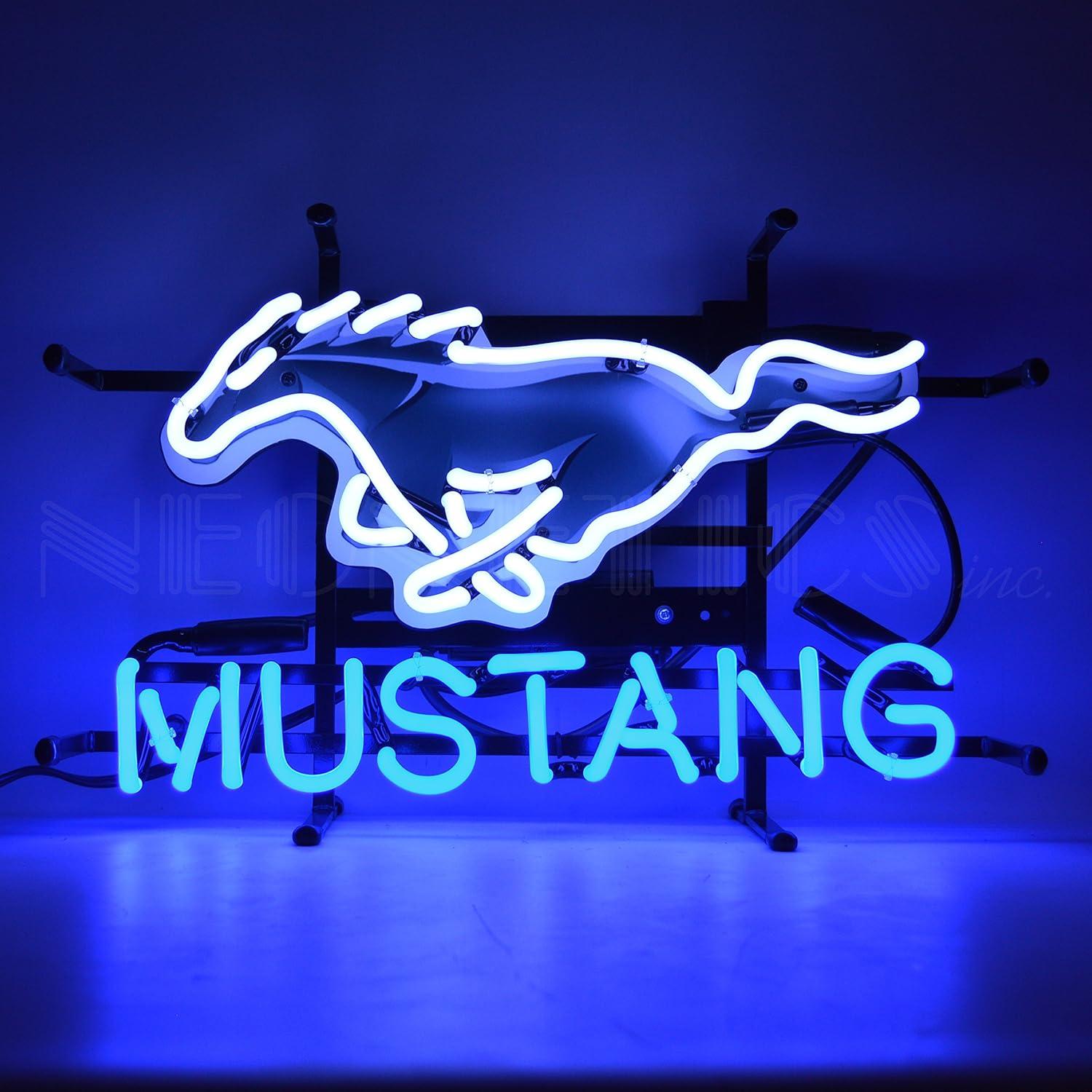 Blue and White Glass Neon Mustang Sign with Metal Frame