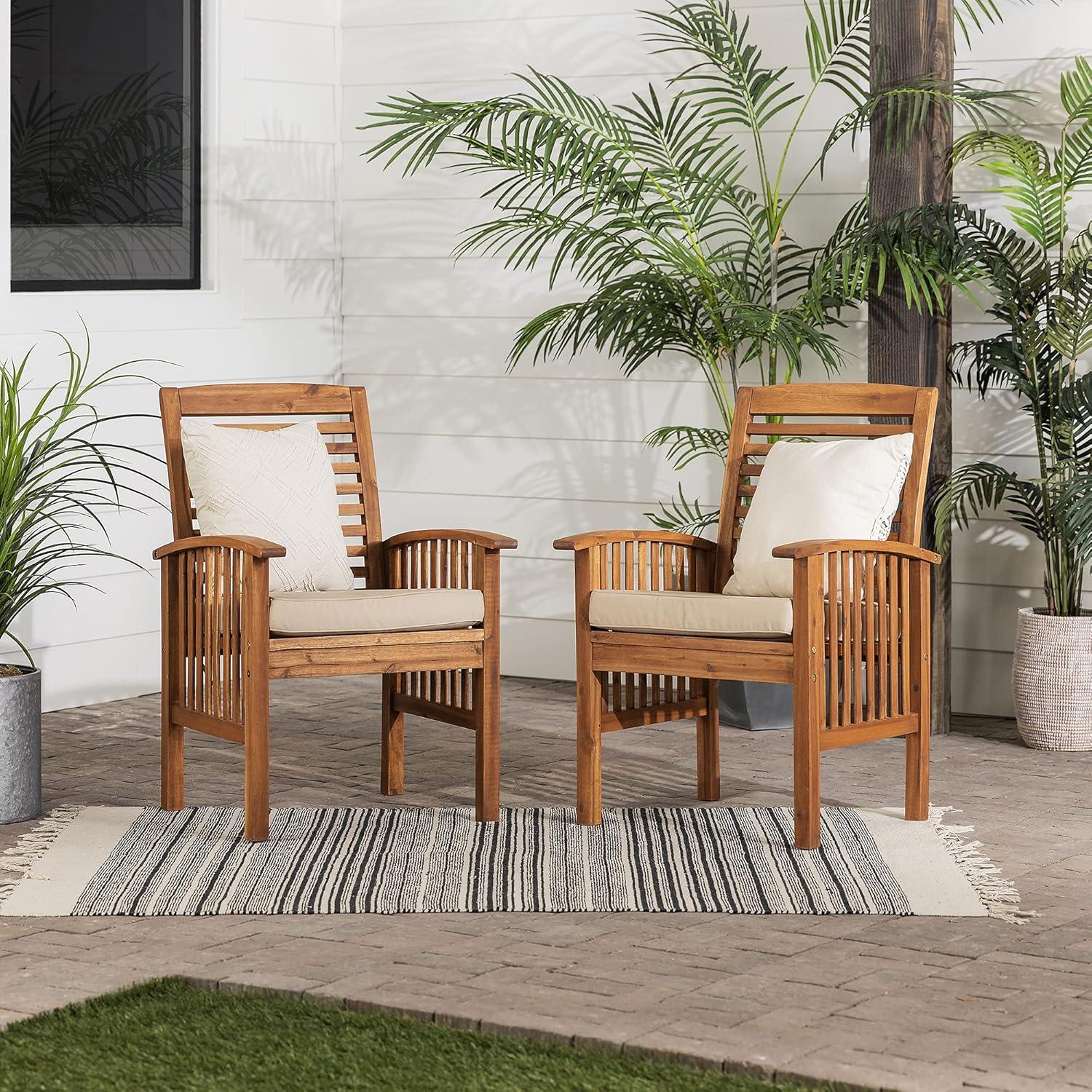 Brown Acacia Wood Dining Armchairs with Beige Cushions - Set of 2