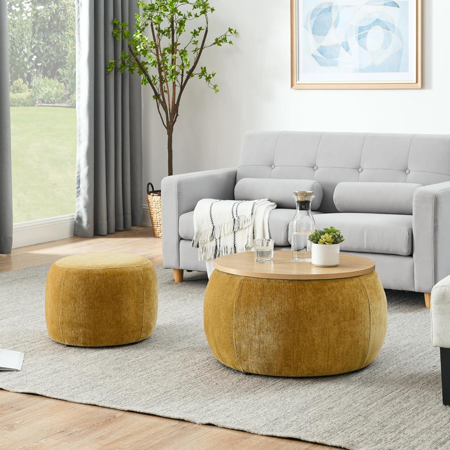 Dark Yellow Chenille Round Storage Ottoman Set with Eucalyptus Wood