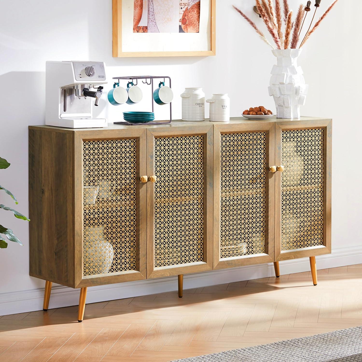 61.7''W Four Door Wood Buffets and Sideboards Storage Cabinet with LED Light Rustic Oak