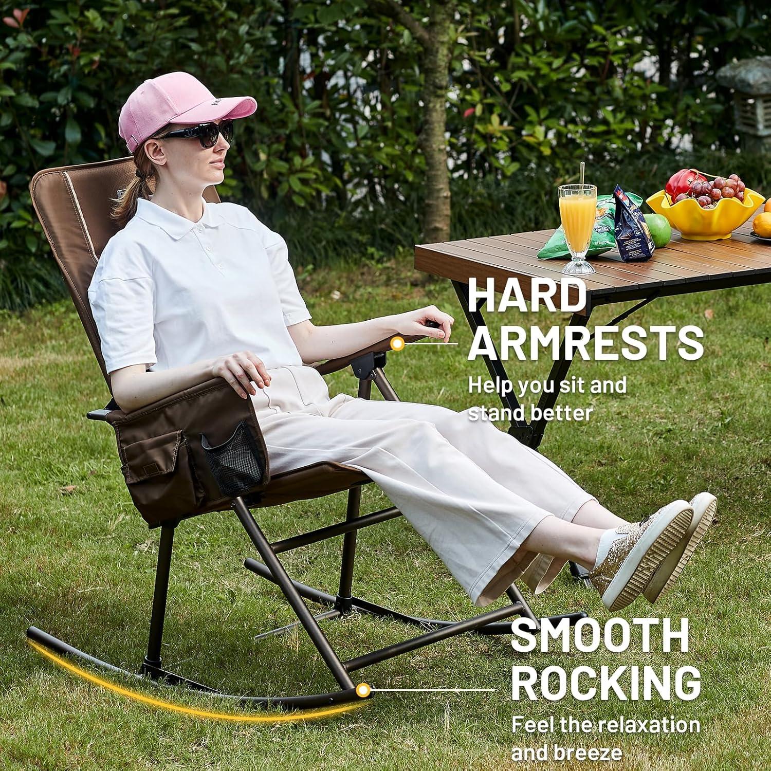 TIMBER RIDGE Folding Rocking Camping Chair, Padded High Back Outdoor Rocking Chair with Side Pocket, Portable Rocker Lawn Chairs for Adults, Heavy Duty Supports 300 LBS, Brown-1 Pack