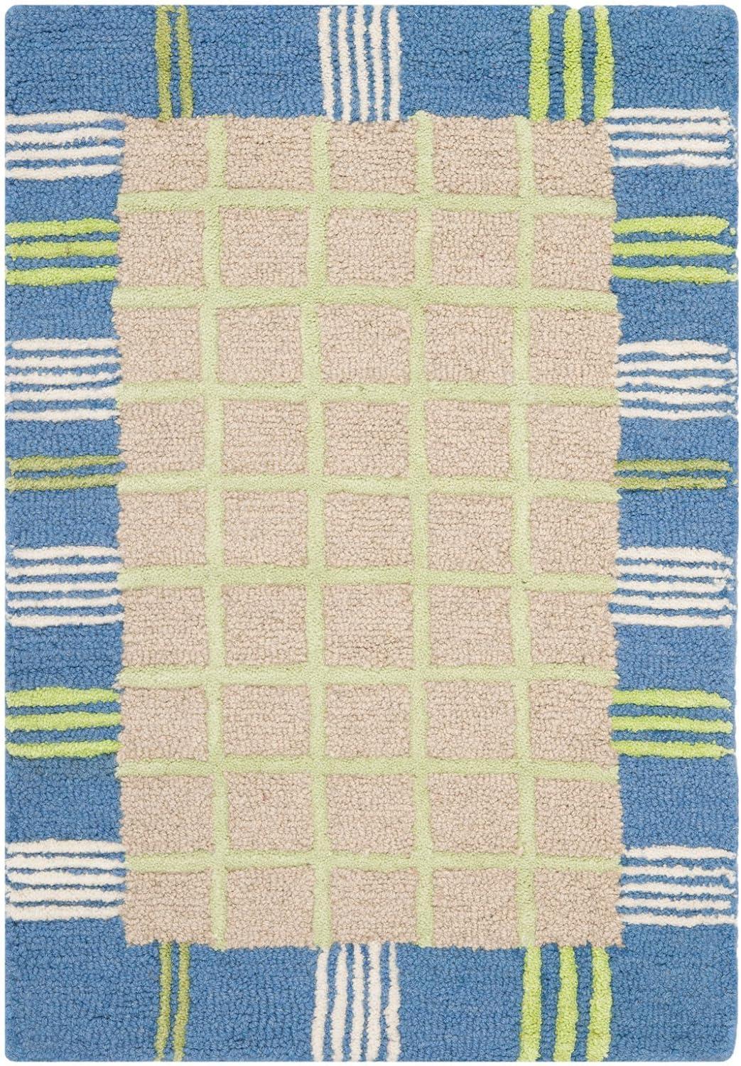 SAFAVIEH Kids Riley Geometric Bordered Cotton Area Rug, Taupe/Blue, 7' x 7' Square