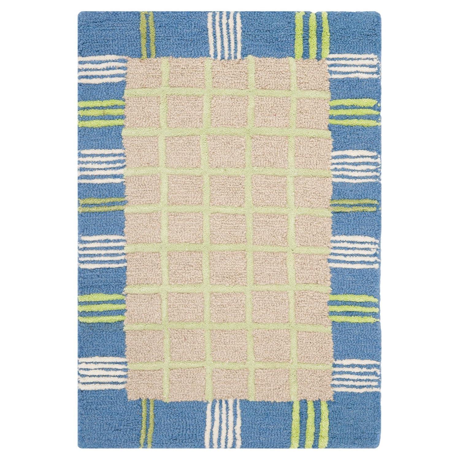 SAFAVIEH Kids Riley Geometric Bordered Cotton Area Rug, Taupe/Blue, 7' x 7' Square