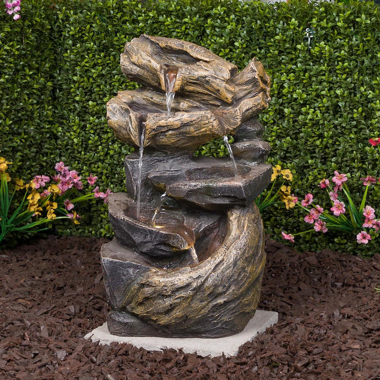 Alpine Corporation 24" Cascading Rock Fountain: Polyresin, LED-Lit, Outdoor Decor, Electric-powered