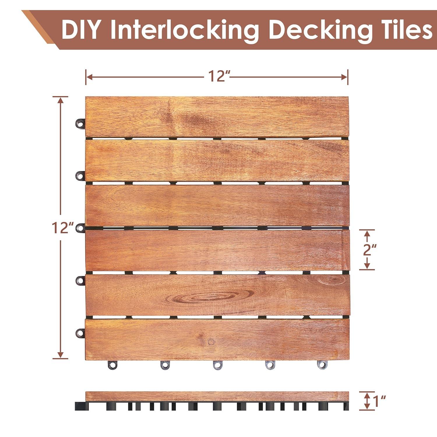 Natural Acacia Wood Interlocking Deck Tiles with Water Protection, 27 Pack