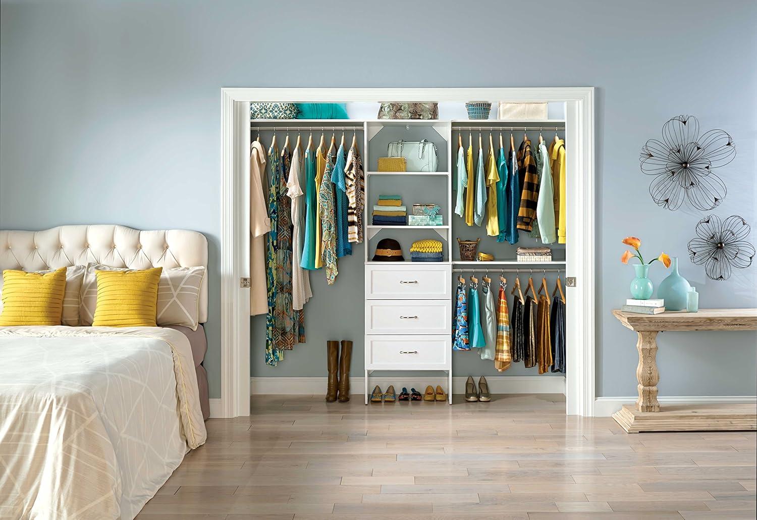 White Laminate Closet Organizer with Shelves and Drawers