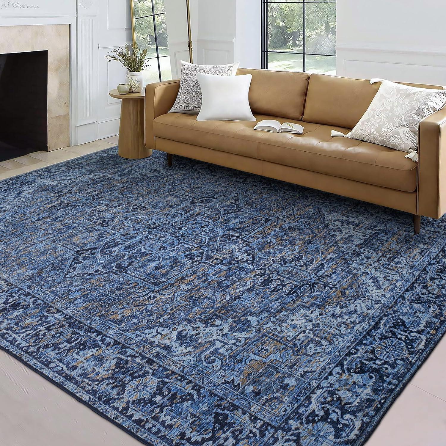 Traditional Blue Flat Woven Machine Washable Area Rug 4' x 6'