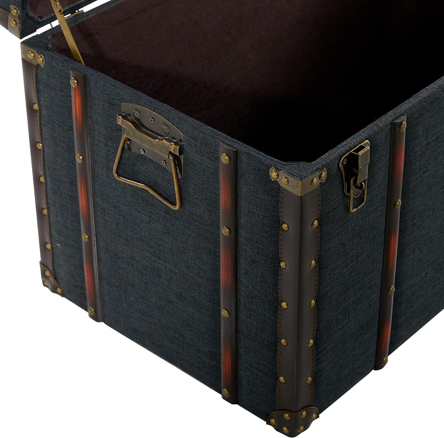 Blue Linen and Brass Accented Nesting Storage Trunks, Set of 3