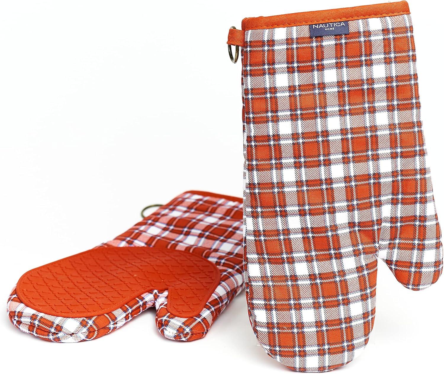 Red Plaid Cotton Oven Mitts with Silicone Palm, Set of 2