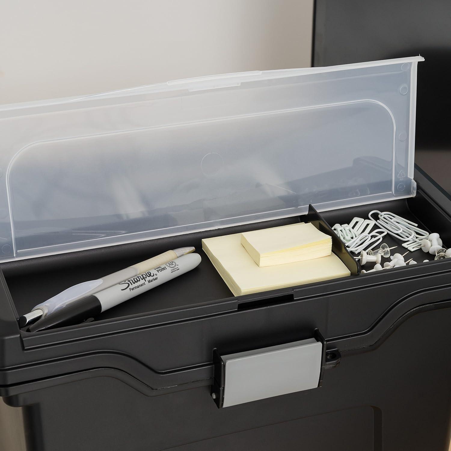 IRIS USA File Box Portable File Organizer Plastic File Box for Letter File w/ Organizer-Lid, Black 4 Pack