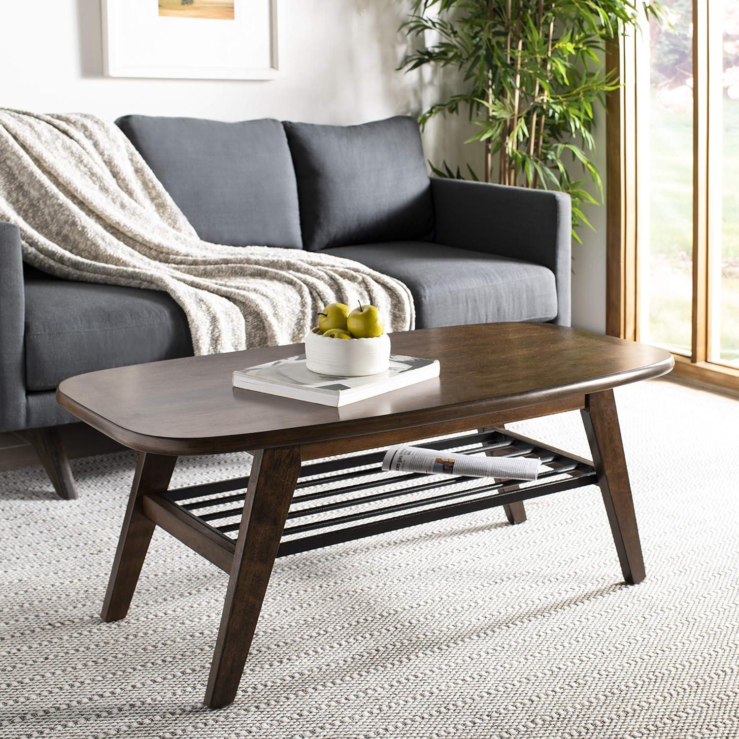 Transitional Dark Walnut Rectangular Coffee Table with Black Metal Storage Rack