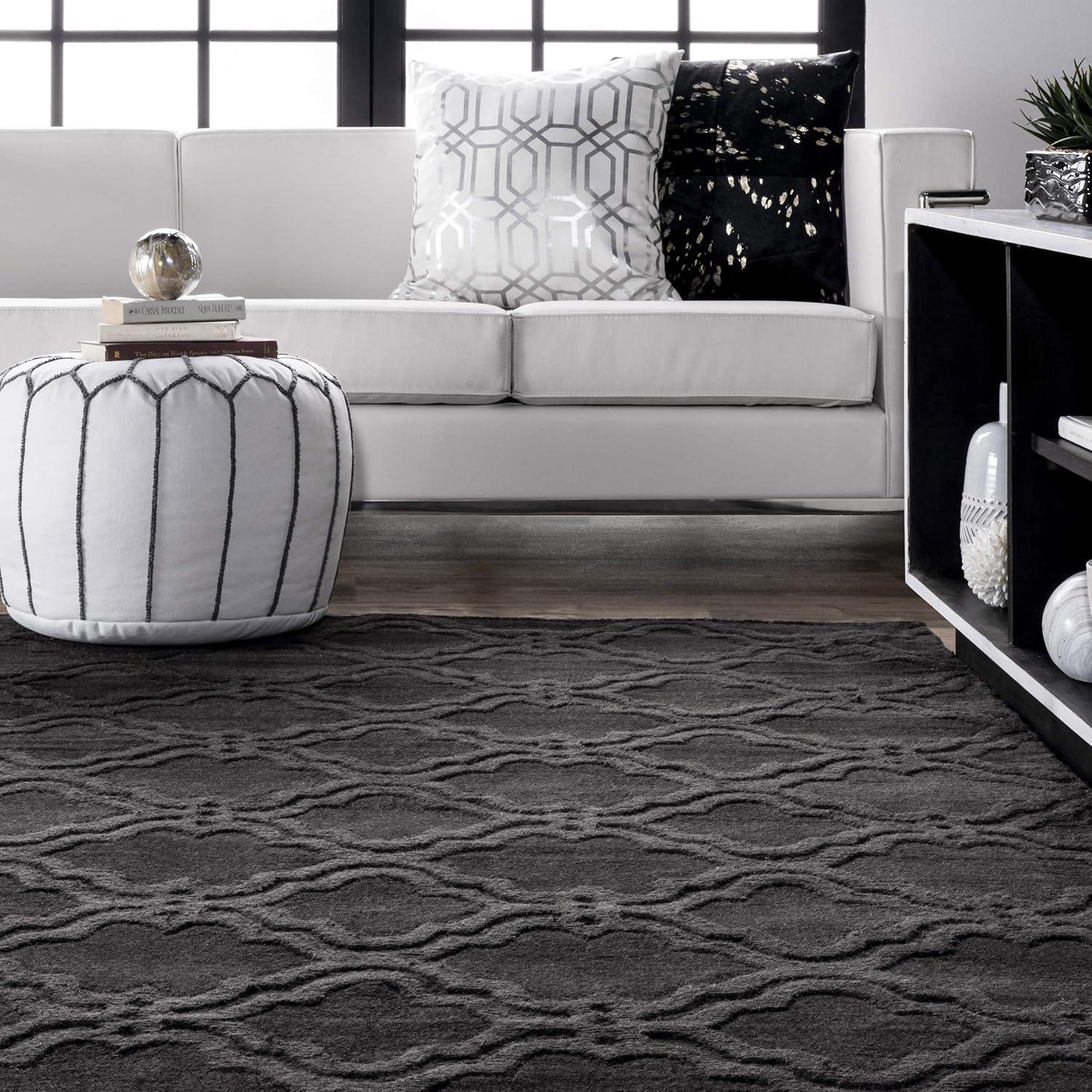 Charcoal Geometric Tufted Wool Area Rug, 6' x 9', Handmade