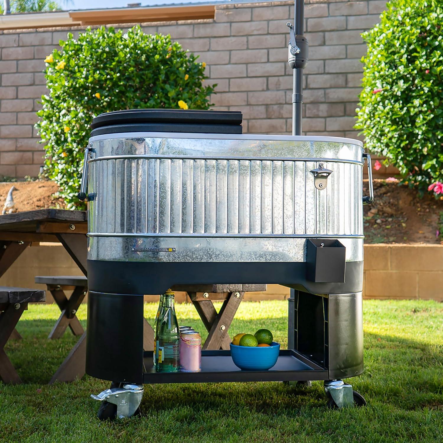 Permasteel 120-Qt Large Outdoor Cooler Cart on Wheels, Rolling Patio Cooler with Dividers for Separate Compartments