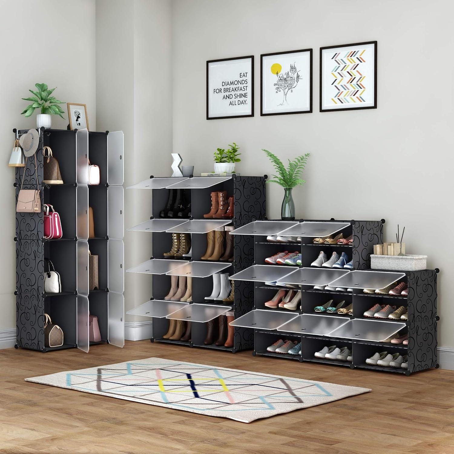 Black 8-Tier Plastic and Metal Shoe Rack with Doors