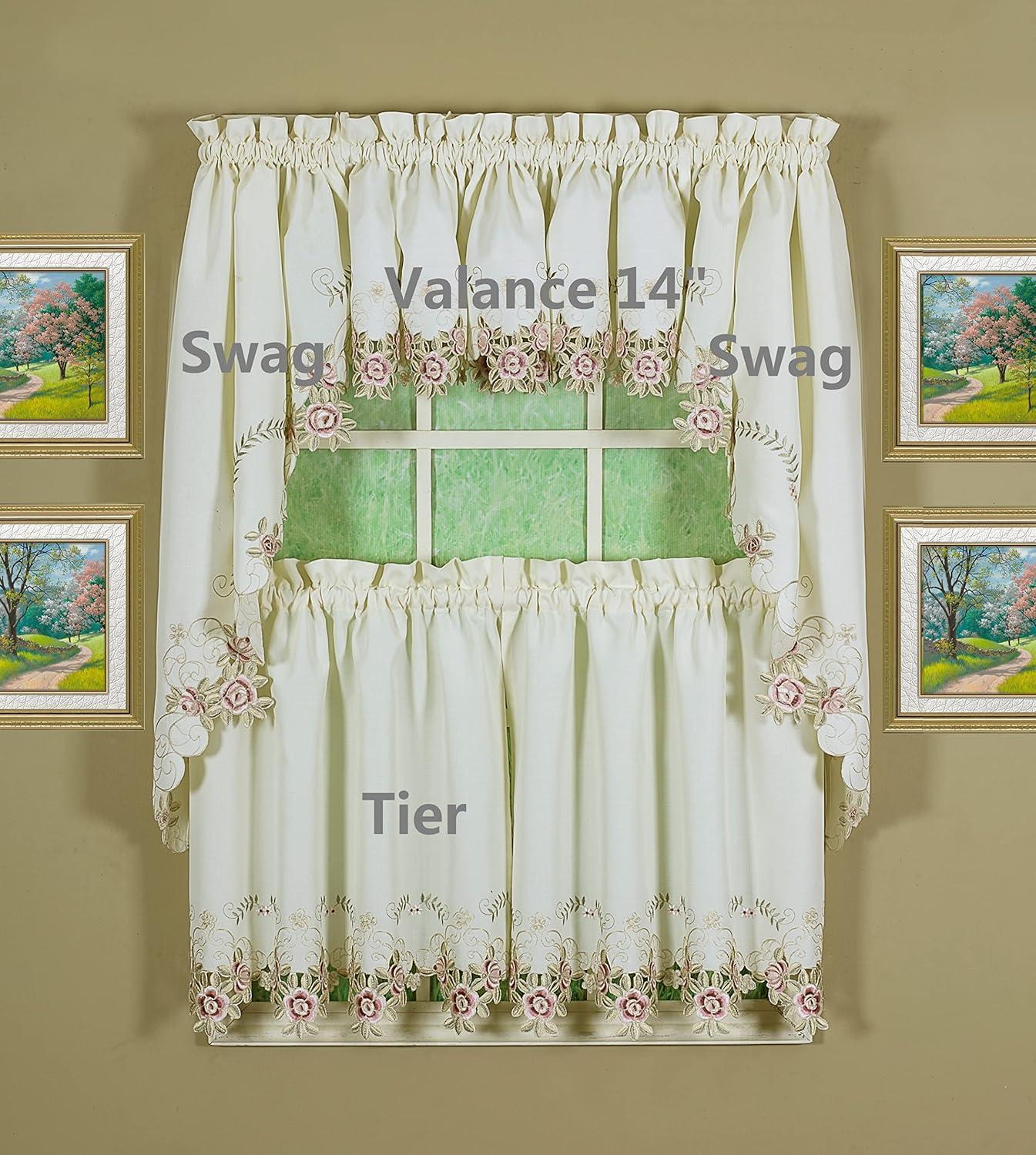 Today's Curtain Verona Reverse Embroidery Valance, 14", Ecru/Rose, 60" W X 14" L