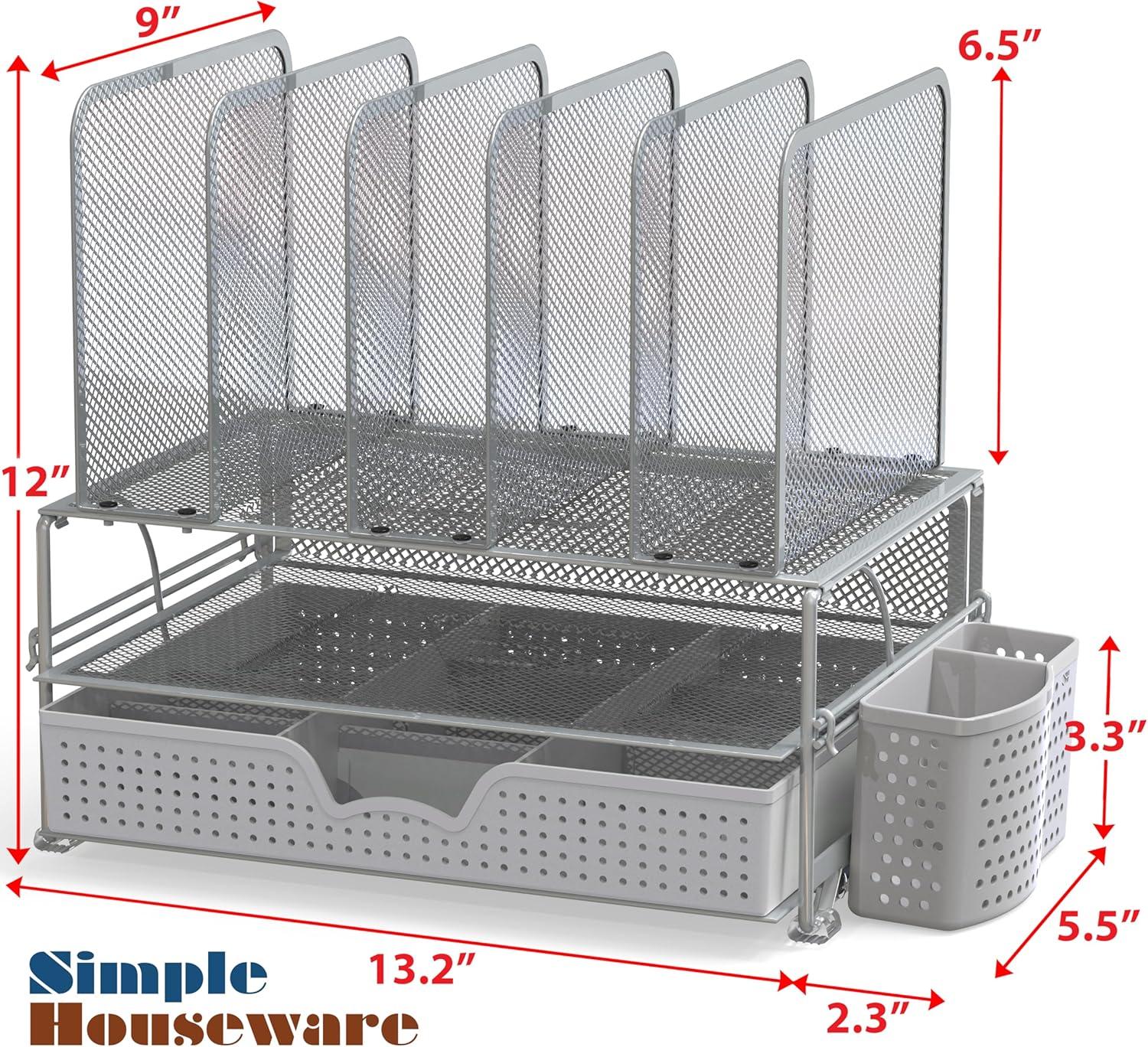 SimpleHouseware Mesh Desk Organizer with Sliding Drawer, Double Tray and 5 Upright Sections, Silver