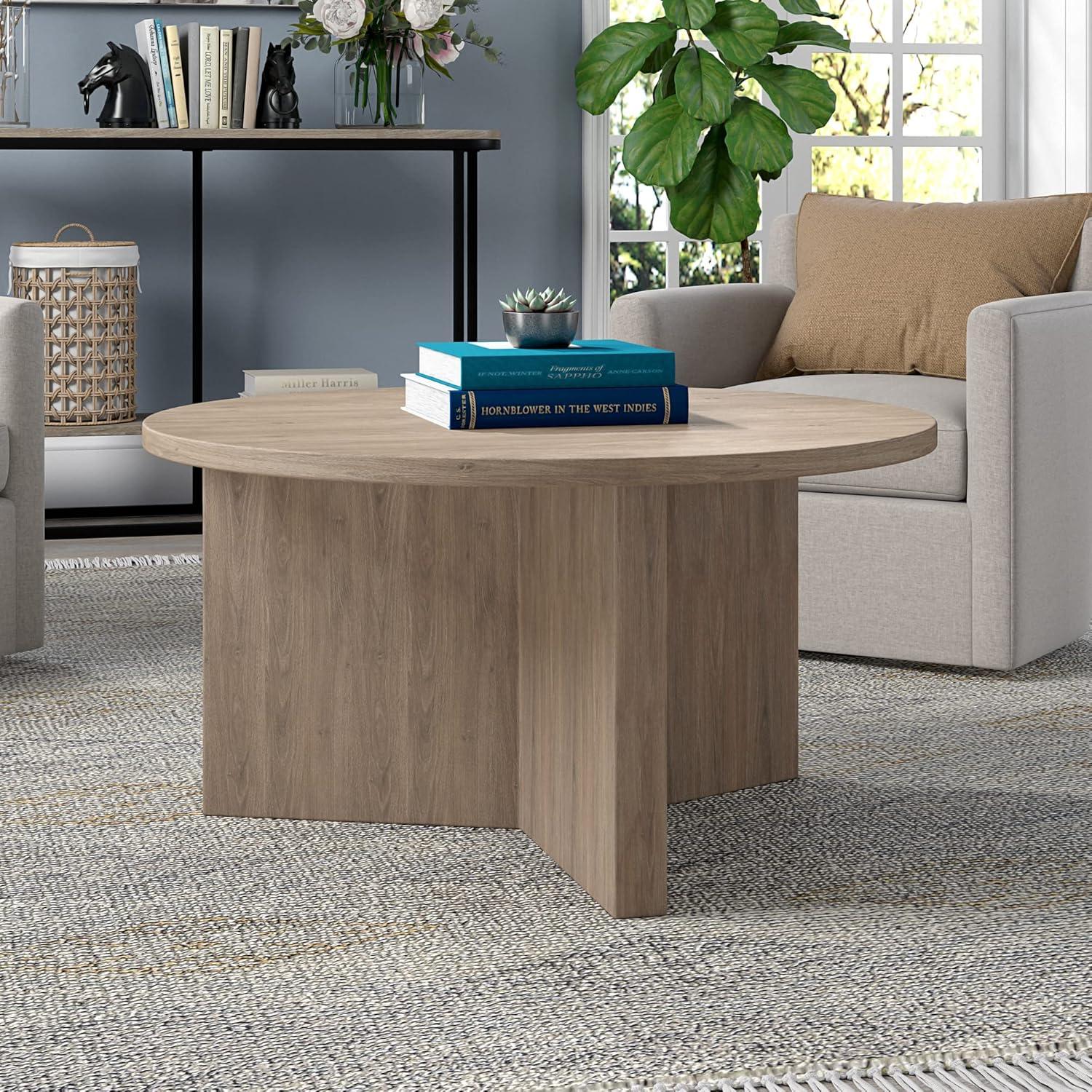 Evelyn&Zoe Anders Easy Assembly Round Medium Density Fiberboard Coffee Table, Antiqued Gray Oak