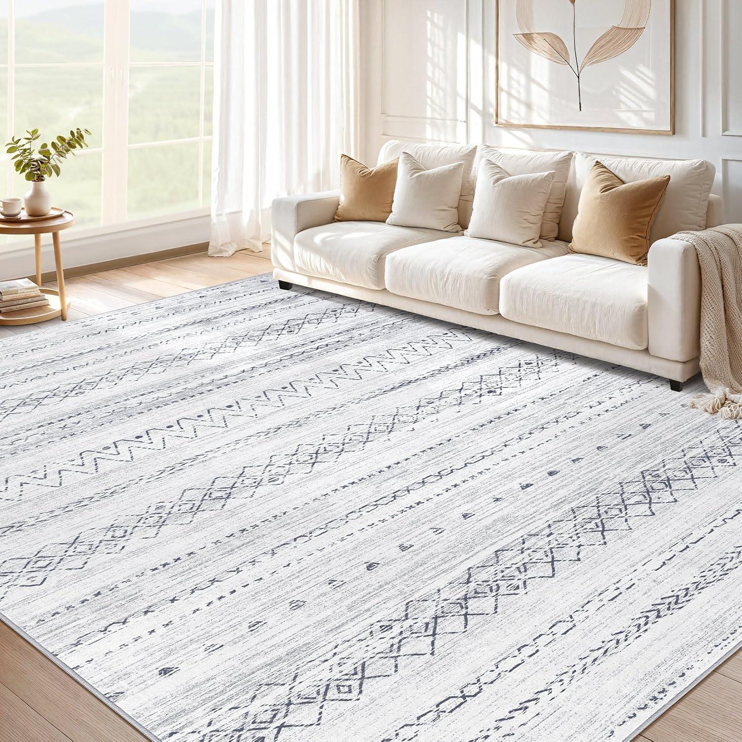 Large Living Room Area Rug 9x12: Soft Machine Washable Boho Moroccan Farmhouse Rugs for Bedroom Under Dining Table - Non-Slip Neutral Morden Indoor Floor Rug Carpet for Home Office Decor - Grey
