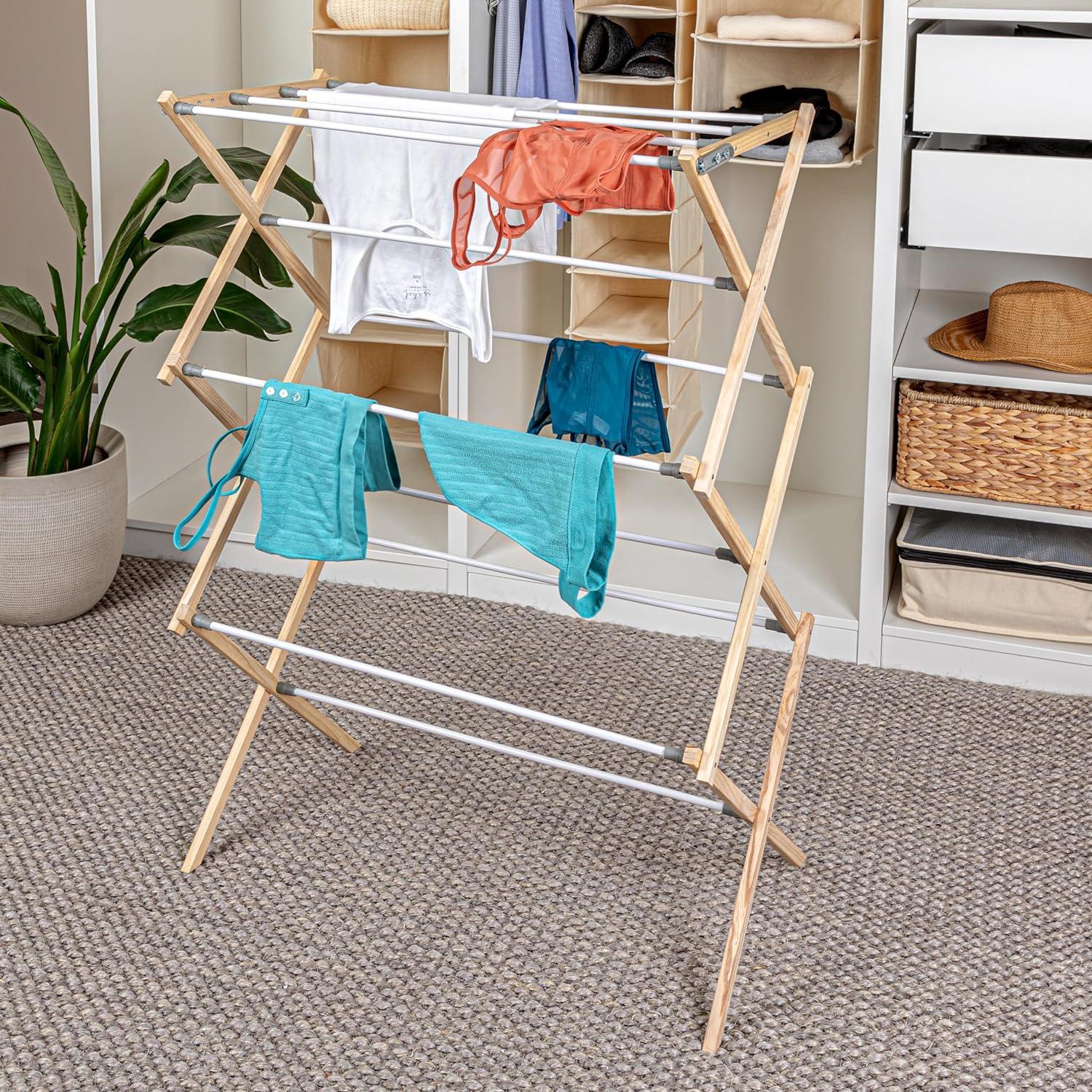 Natural Wood X-Frame Foldable Clothes Drying Rack