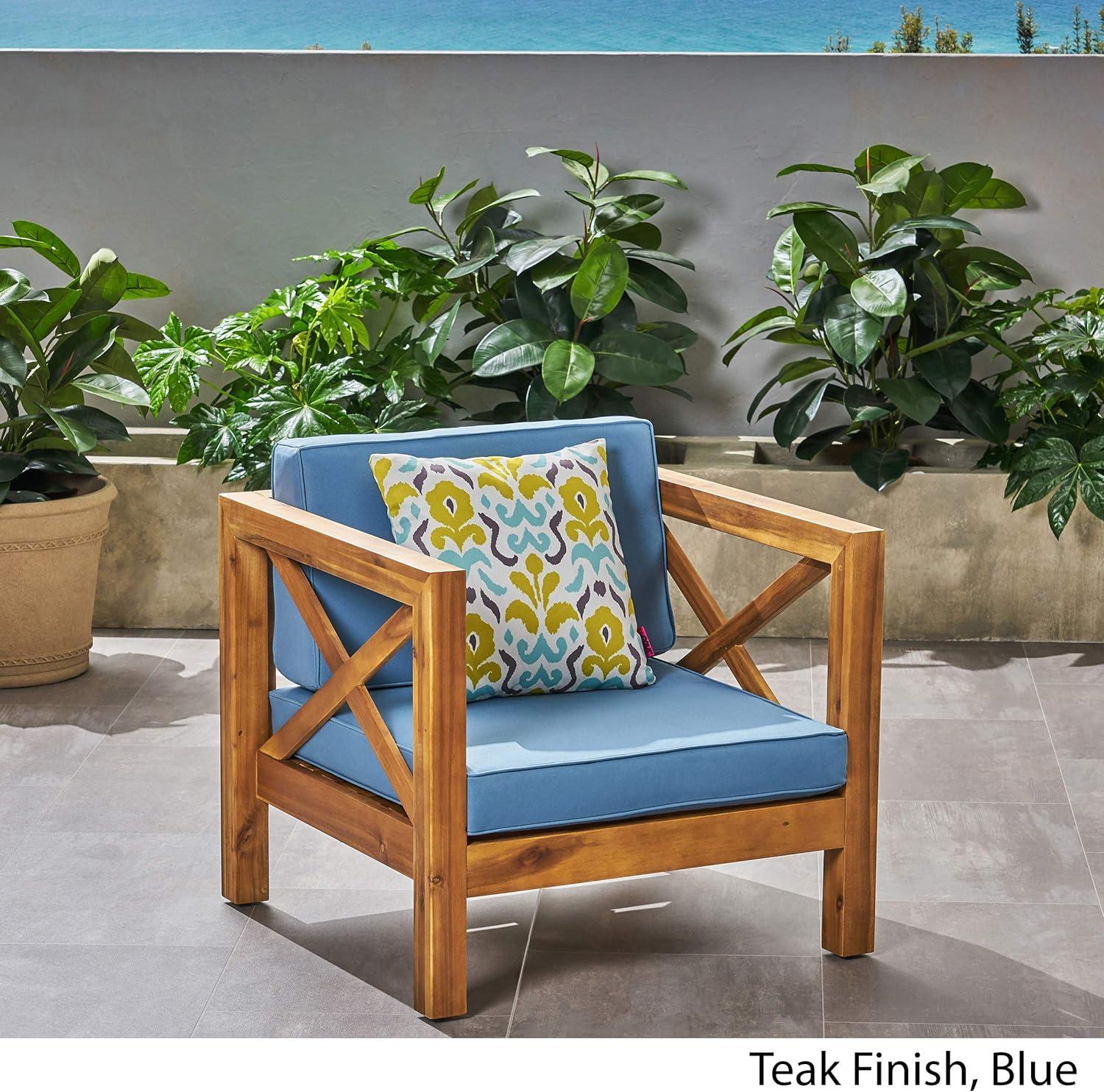 Teak Finish Acacia Wood Outdoor Club Chair with Blue Cushion